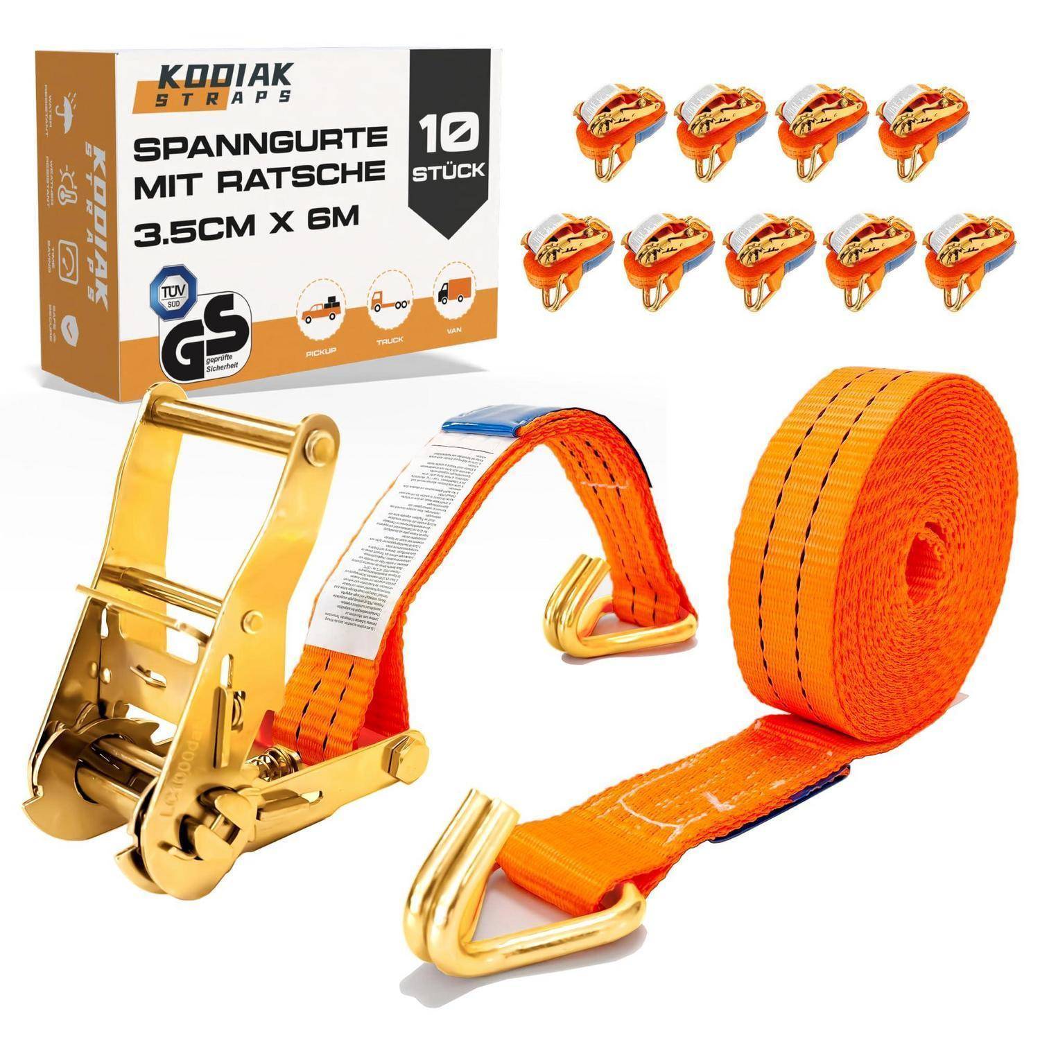 Produktbild von KOTIAX STRAPS orange Ratschengurten, 3,5 cm x 6 m, 10 Stück, mit Verpackung und goldfarbenen Schnallen.