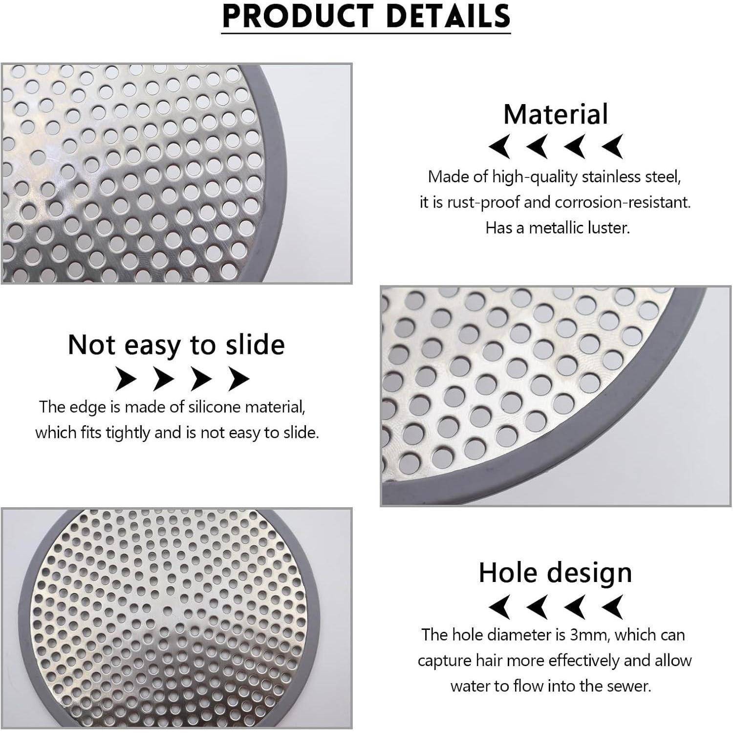 Produktdetails-Infografik, die eine gelochte Edelstahl-Ablaufabdeckung mit Silikonkante zeigt, die Rostbeständigkeit, rutschfeste Passform und 3-mm-Löcher zur Haarerfassung und Wasserdurchfluss hervorhebt.