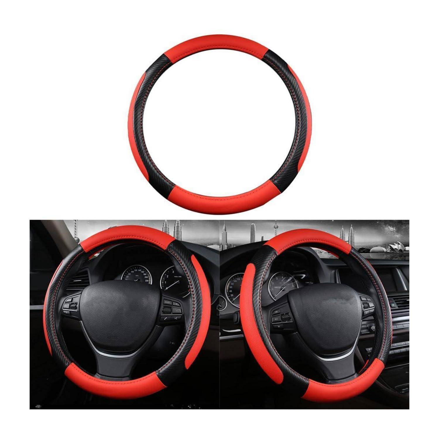 Rot-schwarze Lenkradabdeckung auf weißem Hintergrund dargestellt, mit zwei installierten Beispielen auf Lenkrädern in einem Autoinnenraum.