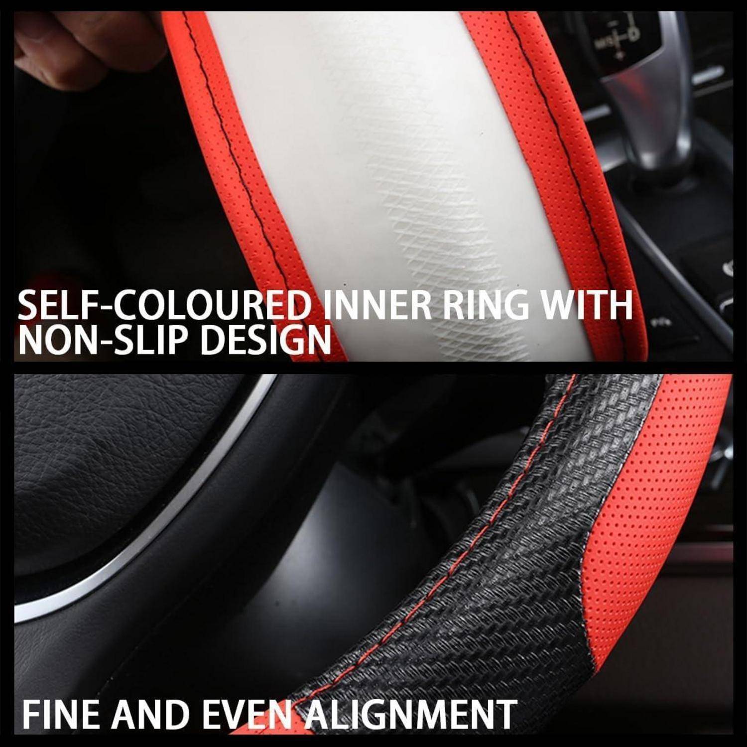 Nahaufnahme einer rot-schwarzen Lenkradabdeckung mit der Aufschrift „SELBSTFARBIGER INNENRING MIT RUTSCHFESTEM DESIGN" und „FEINE UND GLEICHMÄSSIGE AUSRICHTUNG"".