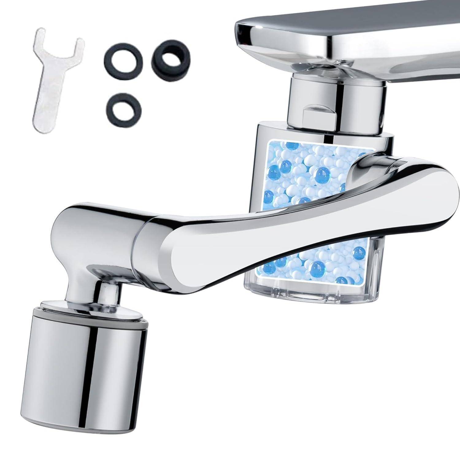 Chrom-Wasserhahn-Strahlregler mit transparenter Kammer aus blauen und weißen Perlen, plus Schlüssel und drei schwarze O-Ringe als mitgelieferte Teile.