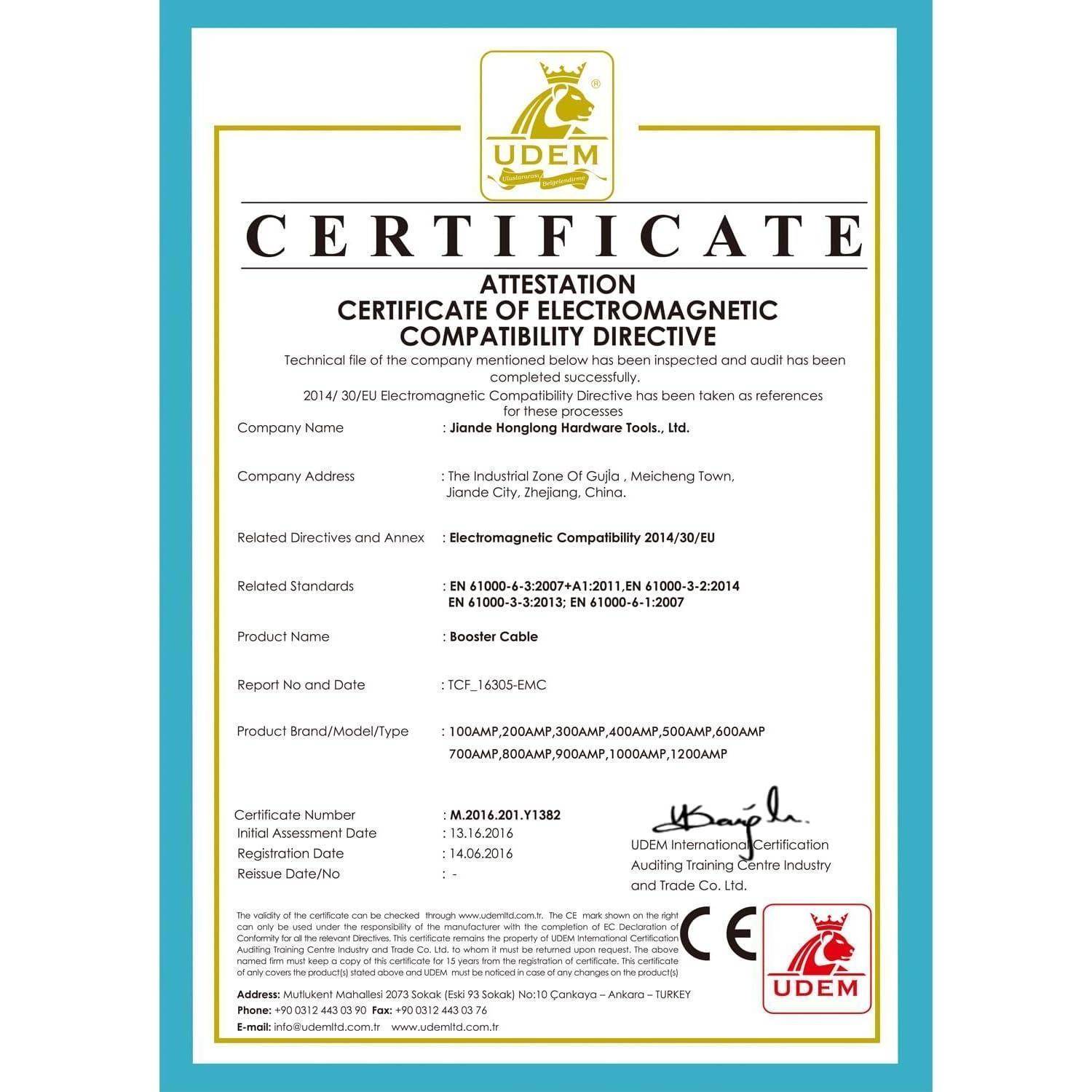 Bescheinigung zur Elektromagnetischen Verträglichkeit von UDEM für Jiang Hong Hardware Tools Co., Ltd., in der das Produkt „Booster Cable