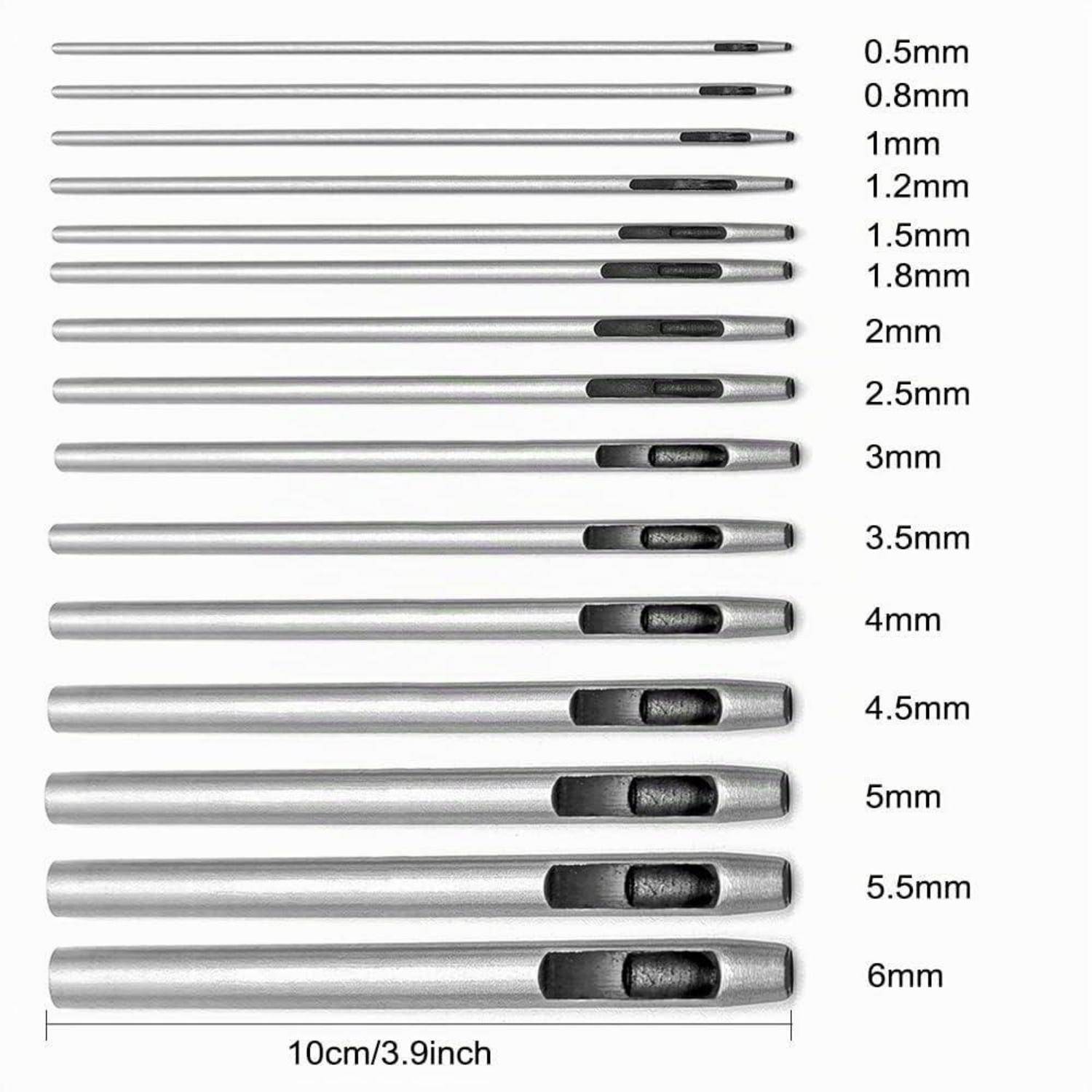 Diagramm zum Vergleich von Stiftspitzengrößen von 0,5 mm bis 6 mm, dargestellt als horizontale Stifte mit zunehmender Dicke, mit einer Skala von 10 cm/3,9 Zoll am unteren Rand.