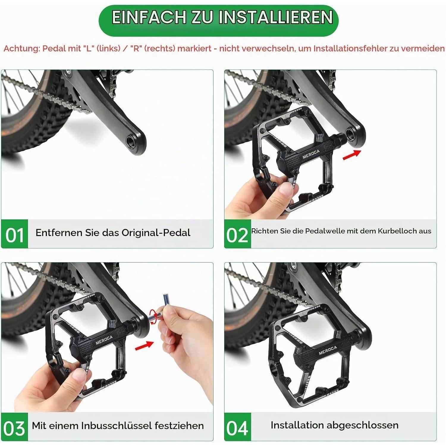 Deutsches Installationshandbuch für Fahrradpedale: Entfernen Sie das ursprüngliche Pedal, richten Sie das neue Pedal an der Kurbel aus, ziehen Sie es mit einem Innensechskantschlüssel fest, und schließen Sie die Installation ab.