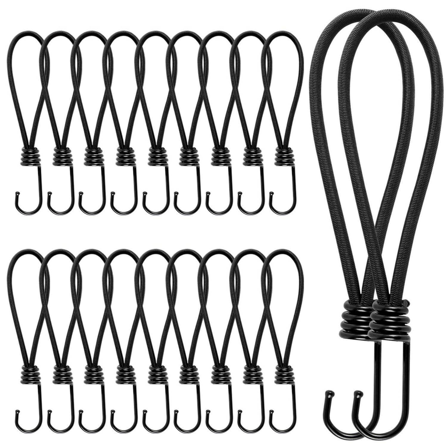 Schwarze elastische Bungee-Seile mit Metall-S-Haken, gezeigt in zwei Reihen und einer größeren Nahaufnahme auf weißem Hintergrund.