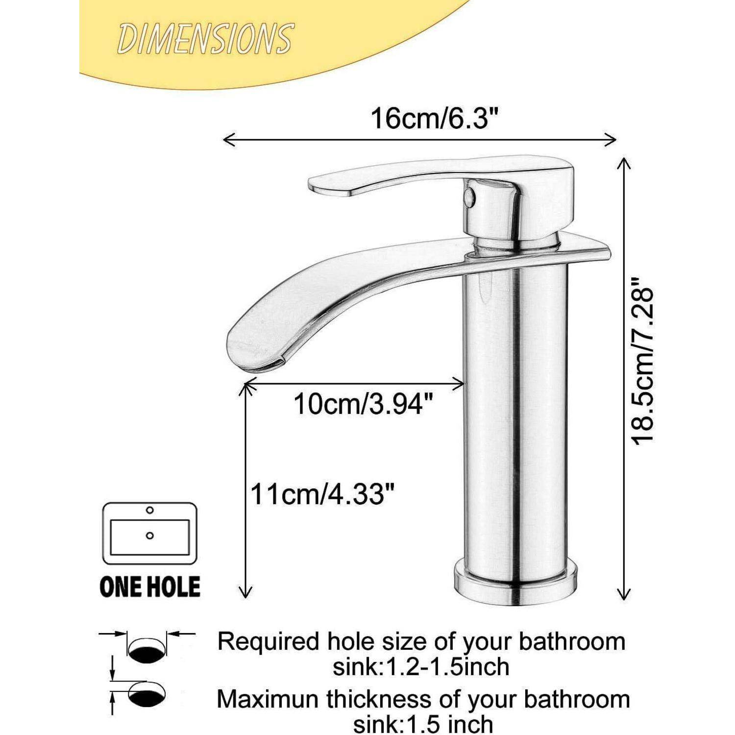 Bemaßungsdiagramm einer Badezimmer-Einlocharmatur, das zeigt: 16 cm Breite, 18,5 cm Höhe, 10 cm Auslaufweite, 11 cm Freiraum und erforderliche Loch-/Spülbeckendickenabmessungen.