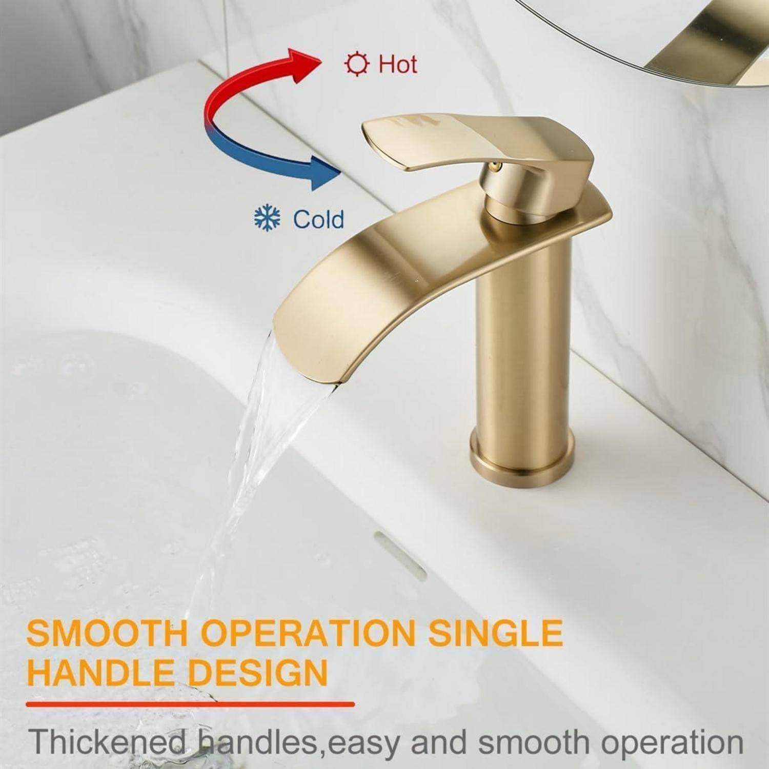 Goldener Einhebel-Badezimmerhahn mit Pfeilen für heiß und kalt und dem Text „SANFTE BEDIENUNG EINHEBEL-DESIGN