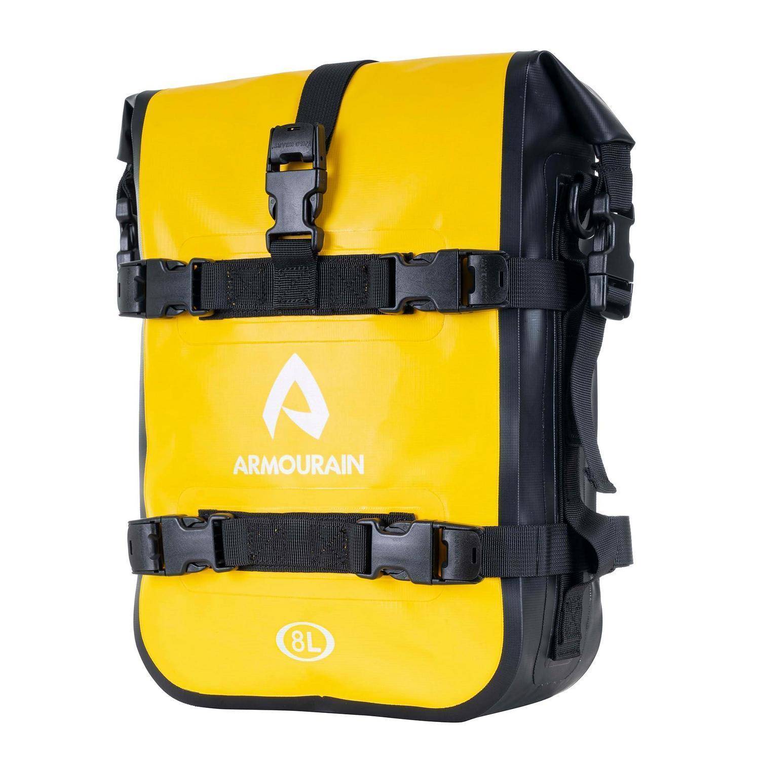 Gelb und schwarz wasserdichter Rucksack mit Rollverschluss, vorderen Riemen und „ARMOURAIN