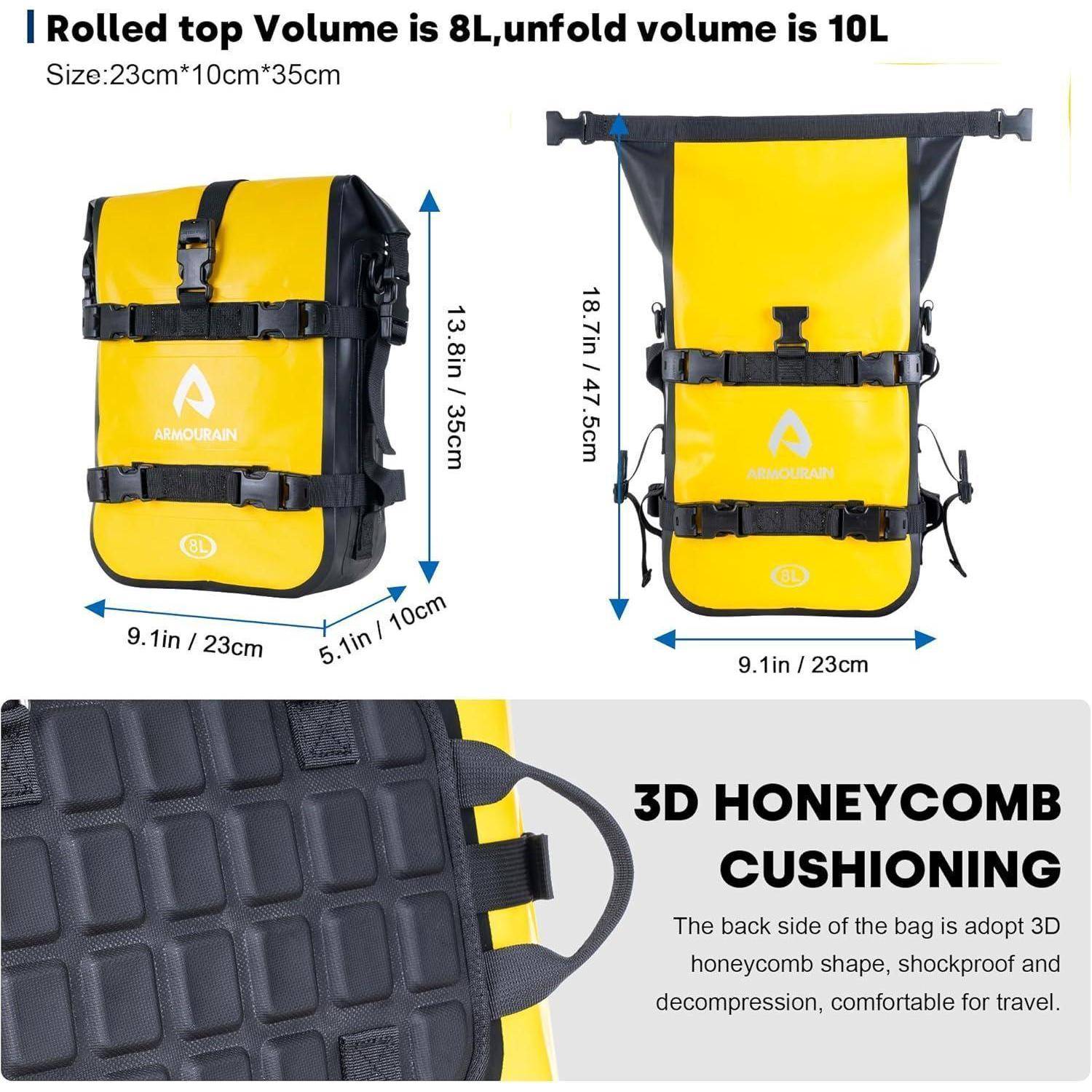 Produktgrafik eines gelben Rucksacks mit Rollverschluss, der Größe und Kapazität zeigt: 8L gerollt, 10L entfaltet, 23 x 10 x 35 cm, mit 3D-Wabenkissen.