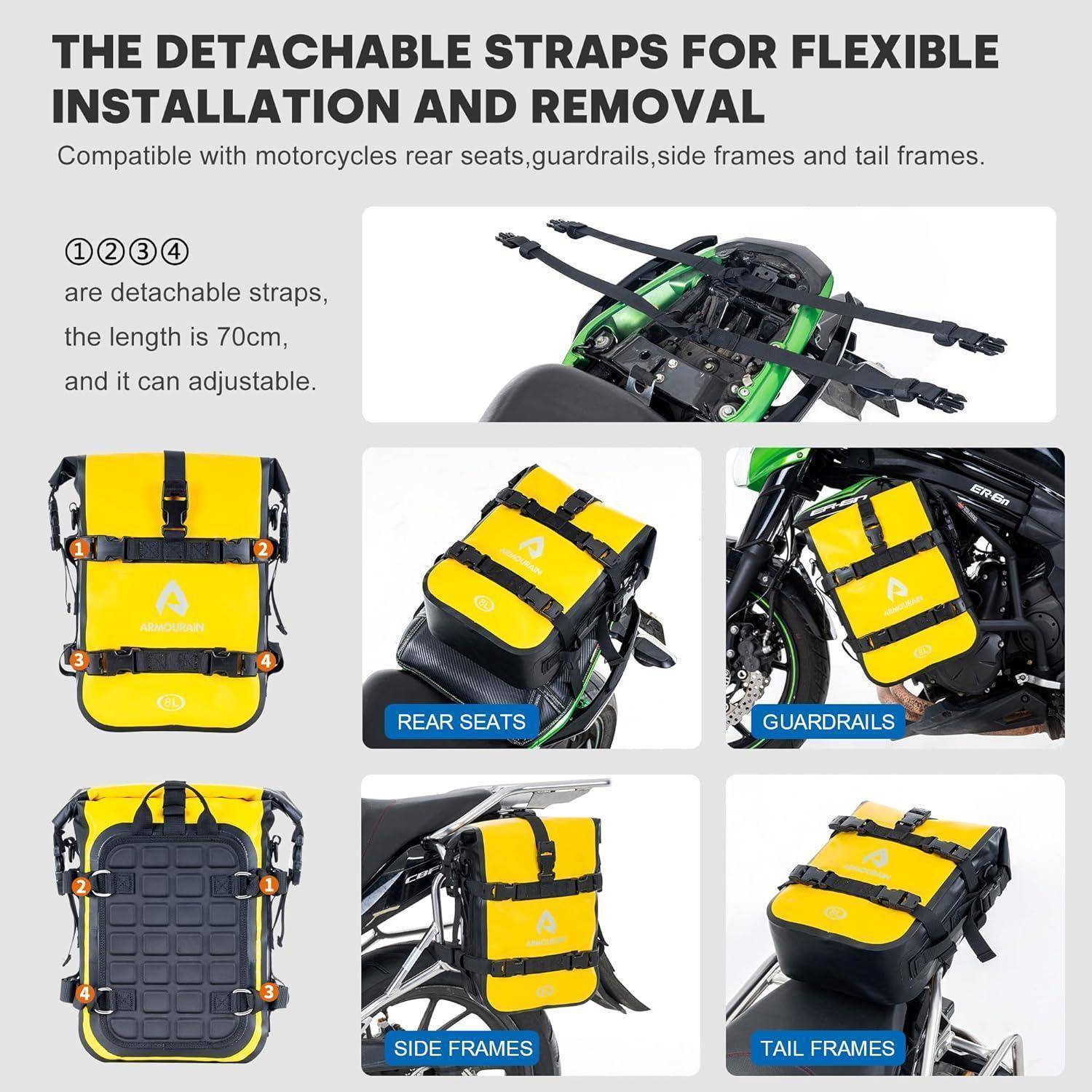 Infografik, die eine gelbe Motorradtasche mit vier abnehmbaren, verstellbaren Riemen zur flexiblen Befestigung an Rücksitzen, Schutzvorrichtungen, Seitenrahmen und Heckrahmen zeigt.