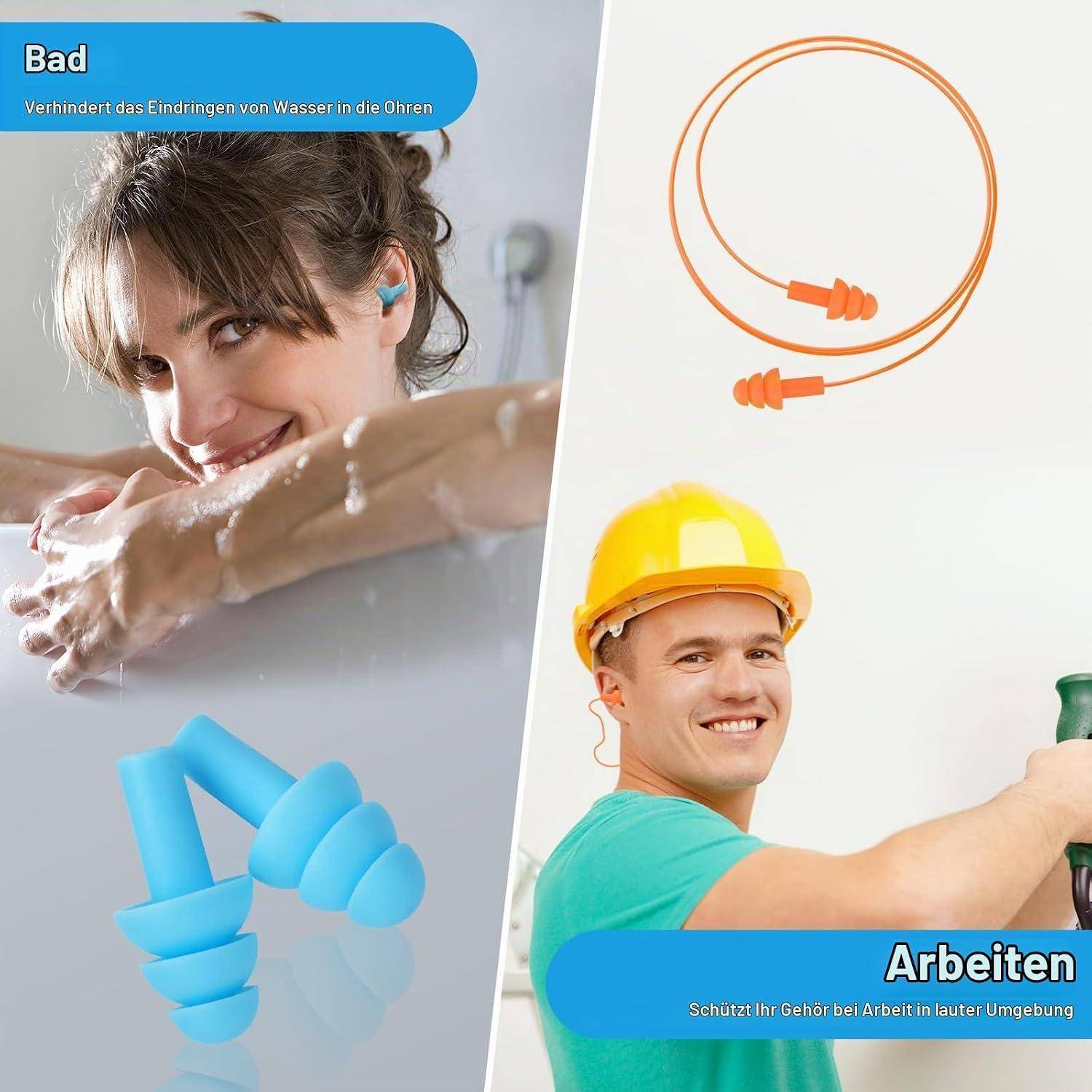 Geteiltes Bild zeigt blaue Ohrstöpsel zum Baden, um Wasser fernzuhalten, und orangefarbene Ohrstöpsel für die Arbeit zum Schutz des Gehörs vor lauten Geräuschen.