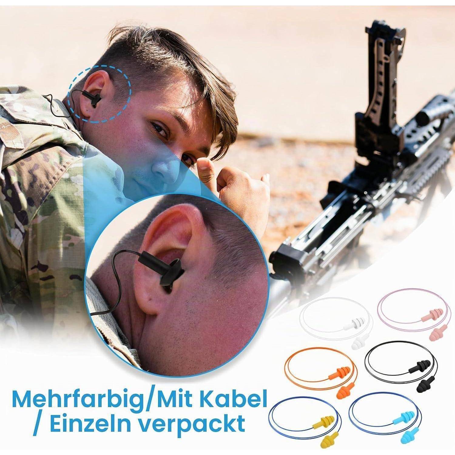 Soldat, der ein schwarzes In-Ear-Kommunikations-Headset neben einem Gewehr trägt, mit eingefügter Nahaufnahme und deutschem Text „Mehrfarbig/Mit Kabel / Einzeln verpackt