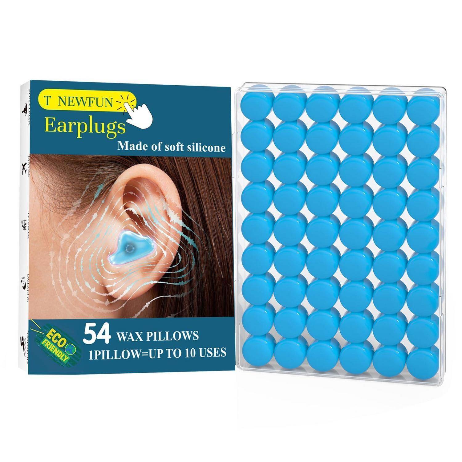 Packung mit NEWFUN-Ohrstöpseln mit 54 blauen Silikon-Wachskissen in einem durchsichtigen Kunststoffbehälter, daneben eine Schachtel mit einer Abbildung zur Ohreneinsetzung.