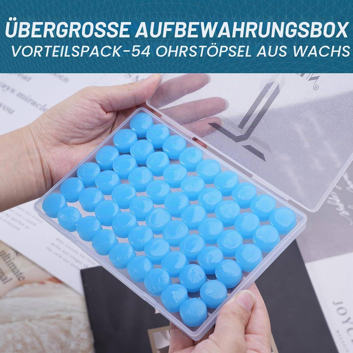 Hand hält eine transparente Aufbewahrungsbox, gefüllt mit 54 blauen Wachsohrstöpseln; deutscher Text liest sich „ÜBERGROSSE AUFBEWAHRUNGSBOX