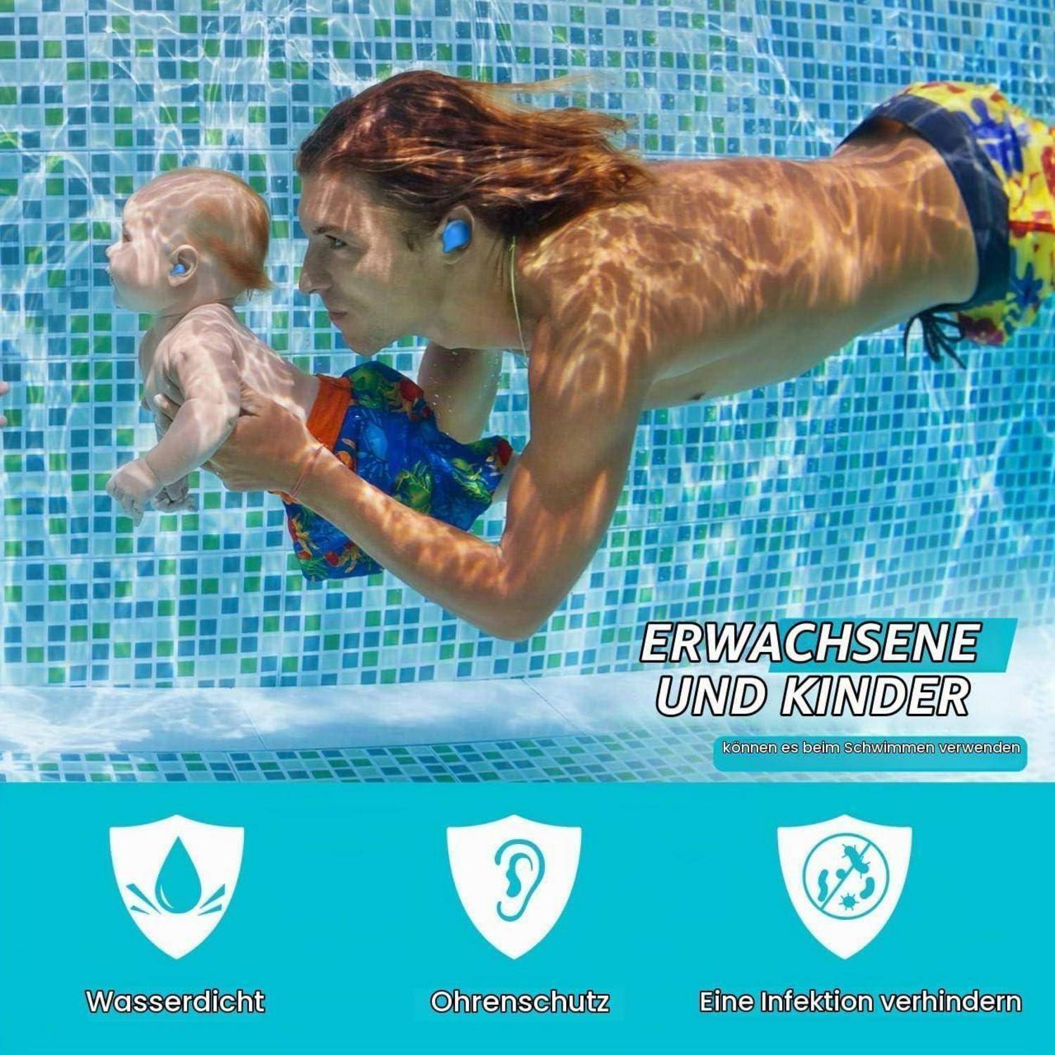 Unterwasserfoto eines Erwachsenen, der einem Kind das Schwimmen beibringt, mit deutschen Sicherheitsetiketten: 'Wasserdicht', 'Ohrenschutz' und 'Eine Infektion verhindern'.