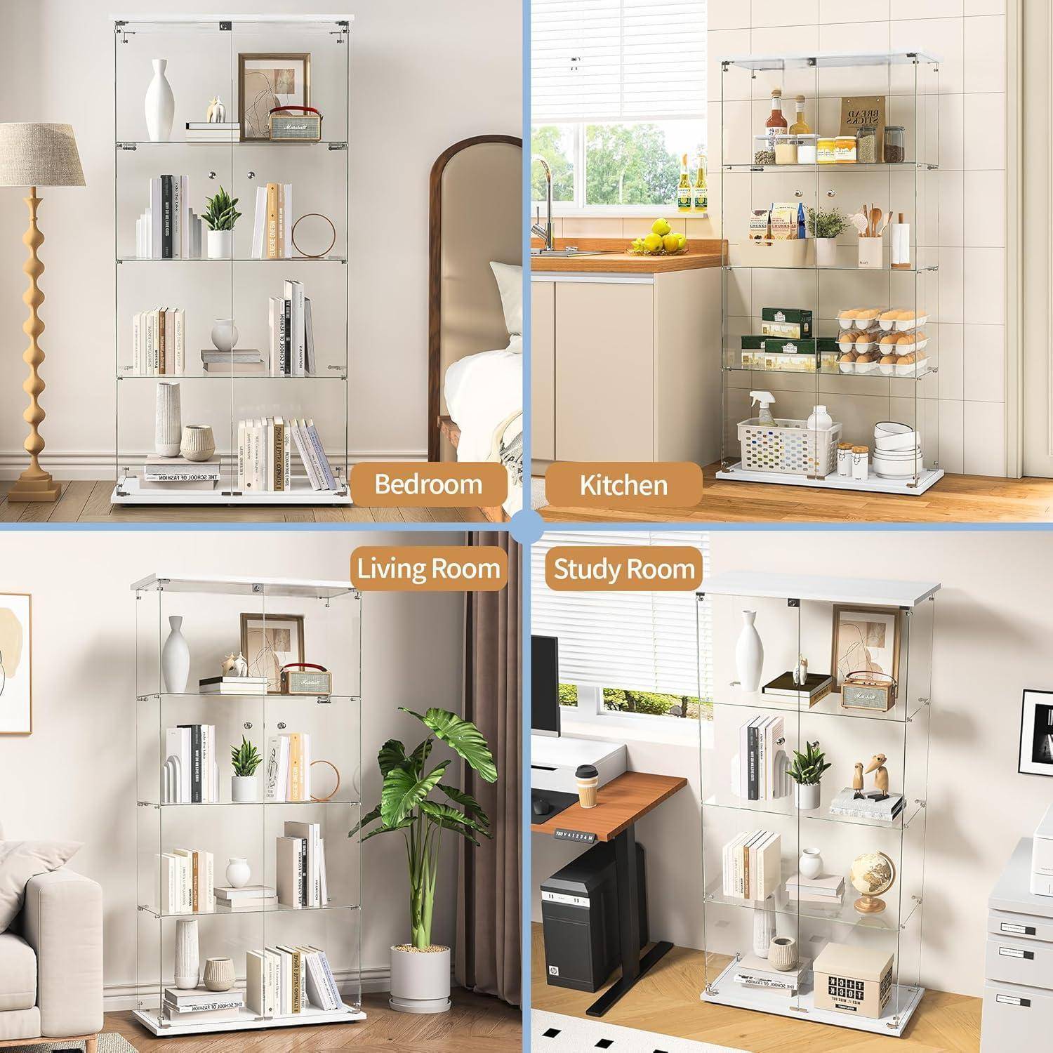 Vier-Raum-Collage, die ein klares Acryl-Bücherregal zeigt, das in einem Schlafzimmer, einer Küche, einem Wohnzimmer und einem Arbeitszimmer mit Büchern und Dekoration stilisiert ist.
