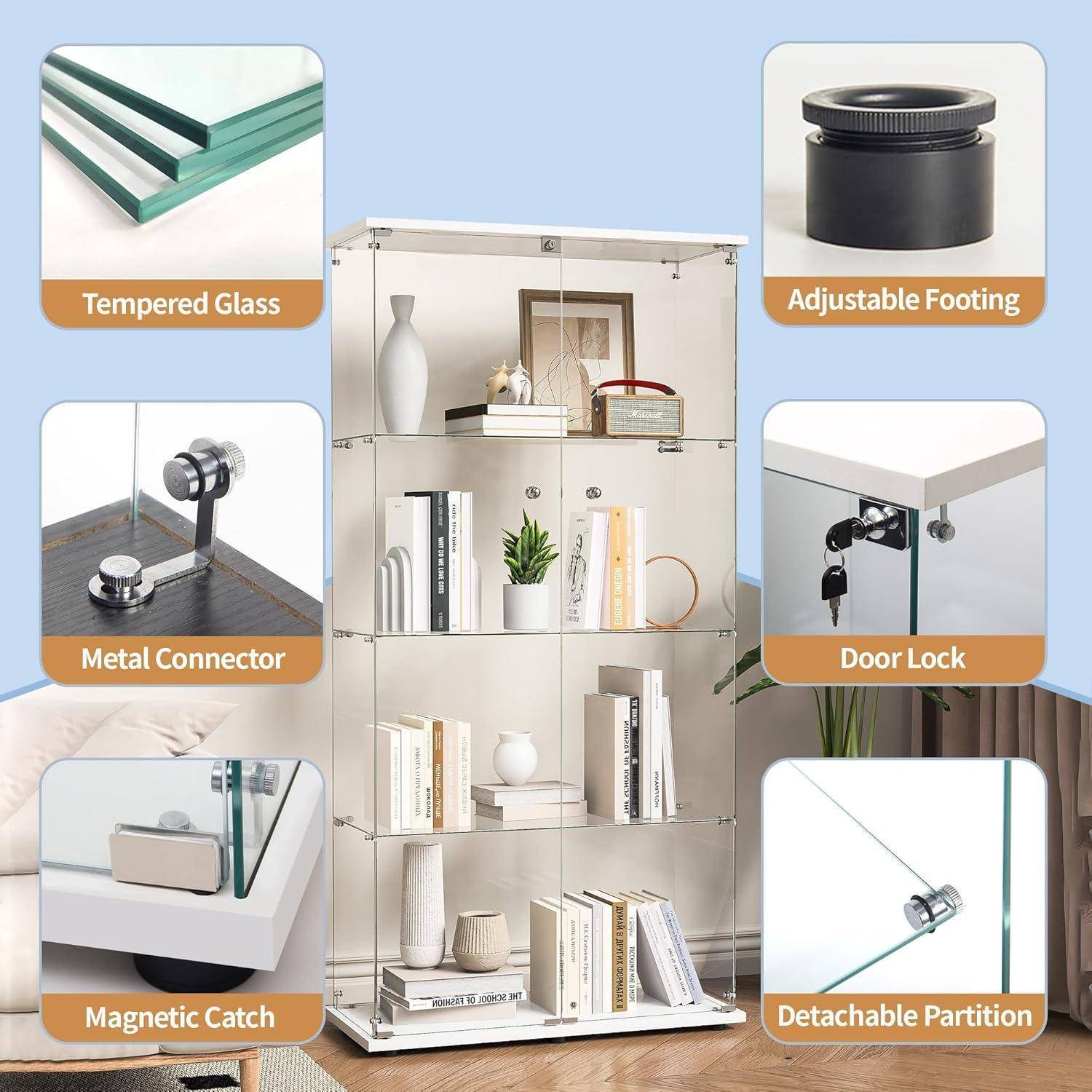 Illustrierte Regalanlage mit Glasregalen, die Produktmerkmale zeigt: gehärtetes Glas, verstellbarer Fuß, Metallverbinder, Türverriegelung, Magnetverschluss und abnehmbares Trennfach.