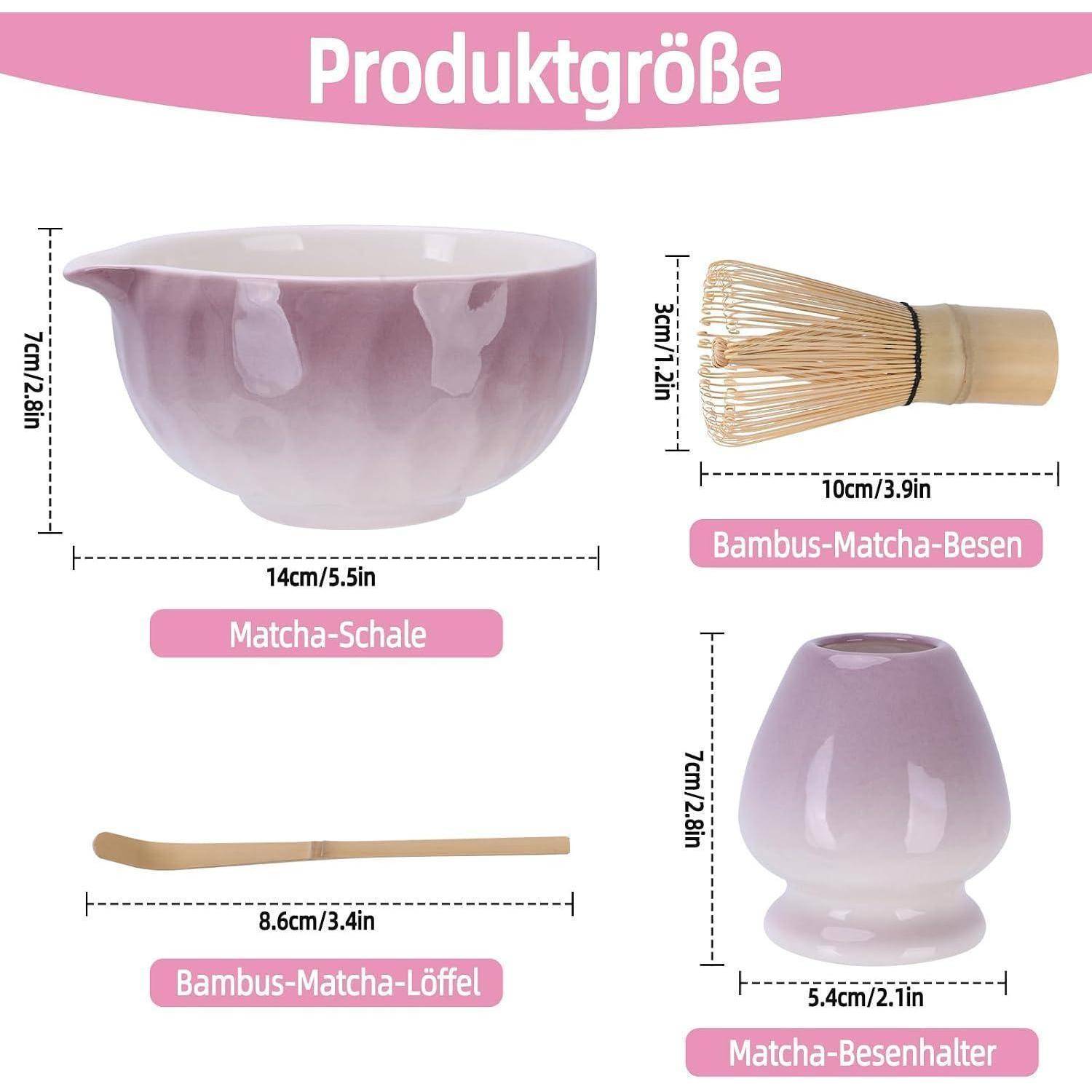 Produktgrößendiagramm mit einem lila Matcha-Set: Schale 14 cm breit und 7 cm hoch, Bambusbesen 10 cm lang und 3 cm hoch, Löffel 8,6 cm lang, Besenhalt 5,4 cm breit und 7 cm hoch.