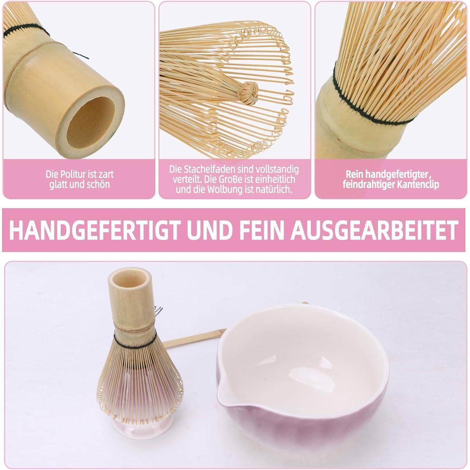 Produktbild eines handgefertigten Bambus-Schneebesens und einer Schale, die eine polierte Oberfläche, gleichmäßig verteilte Borsten und eine fein verarbeitete Spitze hervorhebt; der Text lautet „HANDGEFERTIGT UND FEIN AUSGEARBEITET".