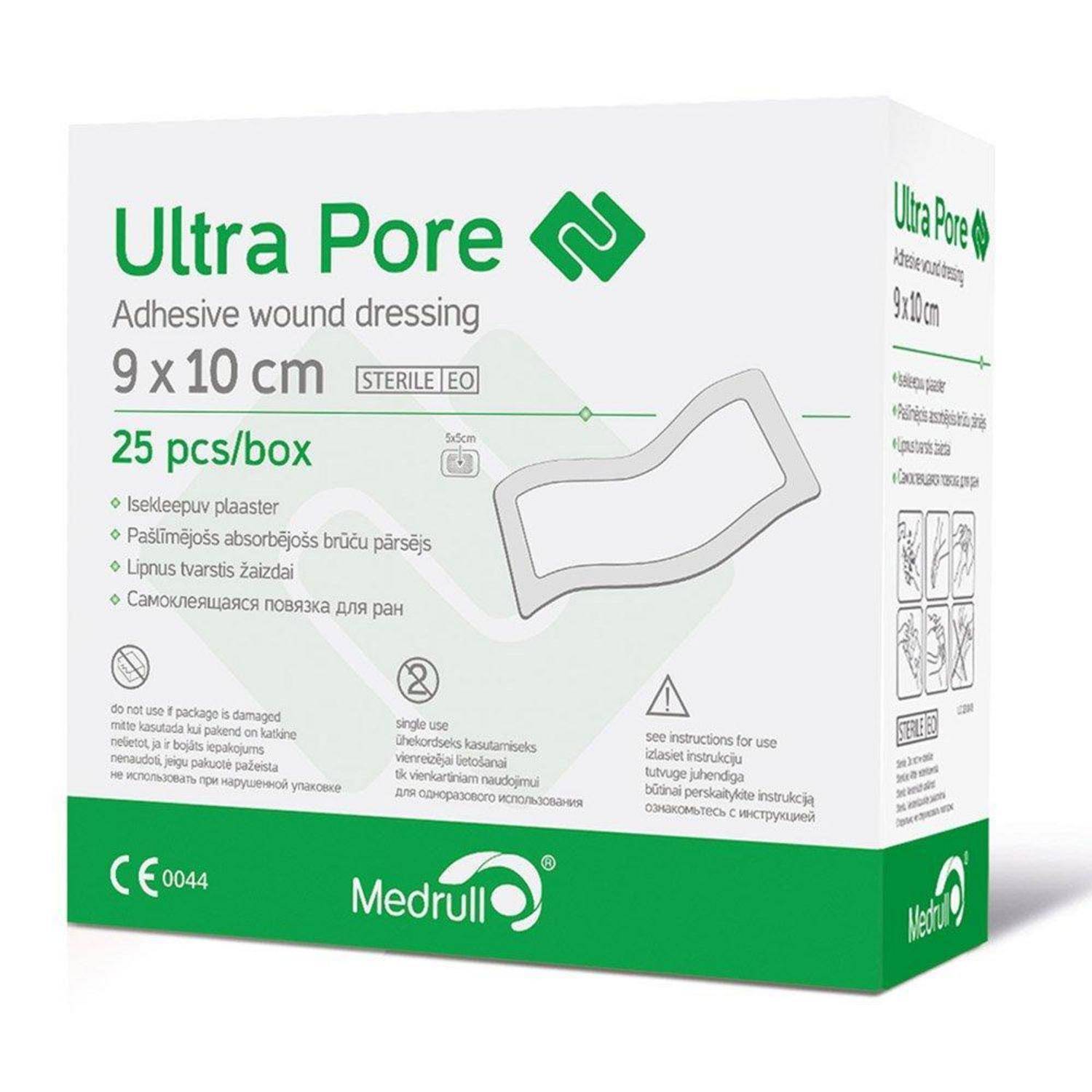 Karton Ultra Pore Klebewundauflagen, 9 x 10 cm, 25 Stück pro Karton, gezeigt als sterile und Einweg-medizinische Verpackung.