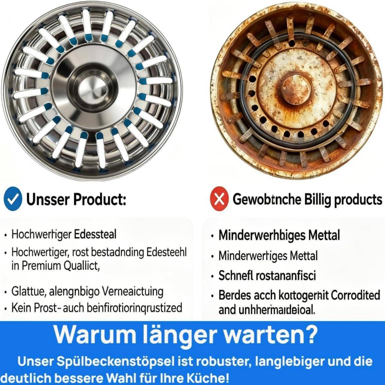 Waschbeckenstöpsel & Stöpsel Waschbecken mit Abflusssieb Ø 82mm, höhenverstellbar aus 304 Edelstahl, 2in1 Wasserhalten & Abfluss für Küchenspül