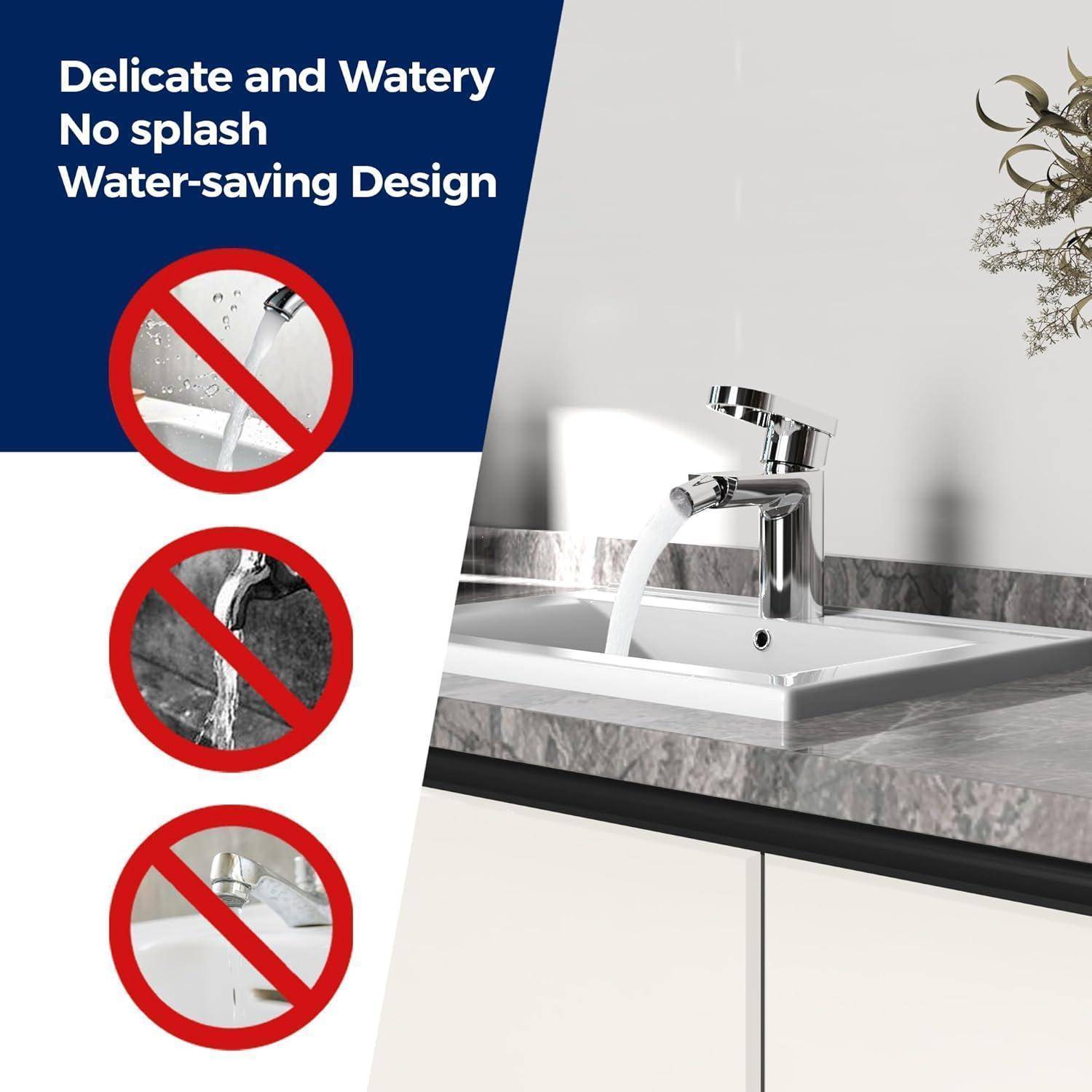Werbebild eines Badezimmerhahns mit sanft fließendem Wasser, beschriftet mit „Zart und fließend – kein Spritzen – wassersparendes Design
