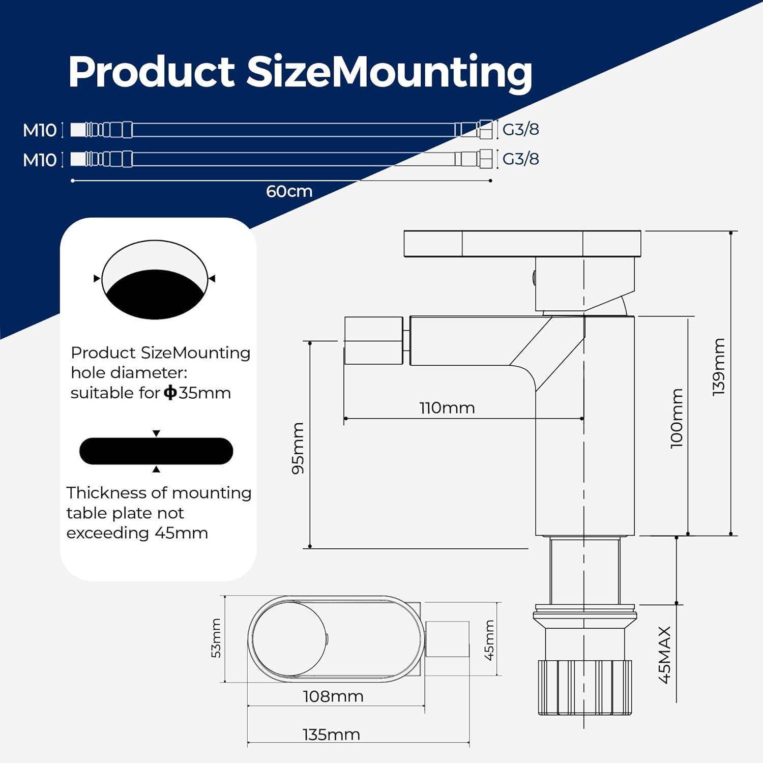 Produktmontage-Größendiagramm mit einer Armatur/einem Aufsatz mit folgenden Abmessungen: 60 cm Spannweite, 110 mm Arm, 108 mm Basis, 135 mm Länge, 139 mm Höhe, 95 mm und 100 mm Abschnitte, 35 mm Loch und Tischdicke unter 45 mm.