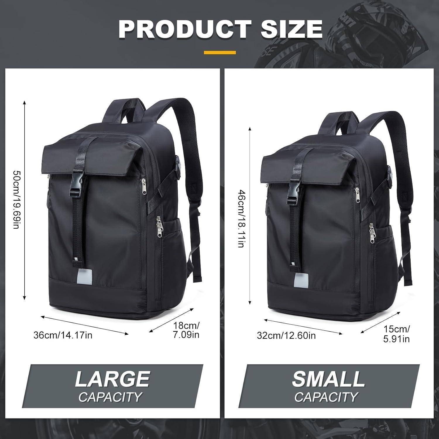 Produktgrößenvergleichstabelle, die einen schwarzen Rucksack in großer und kleiner Version mit Abmessungen zeigt: Groß 50 x 36 x 18 cm, Klein 46 x 32 x 15 cm.