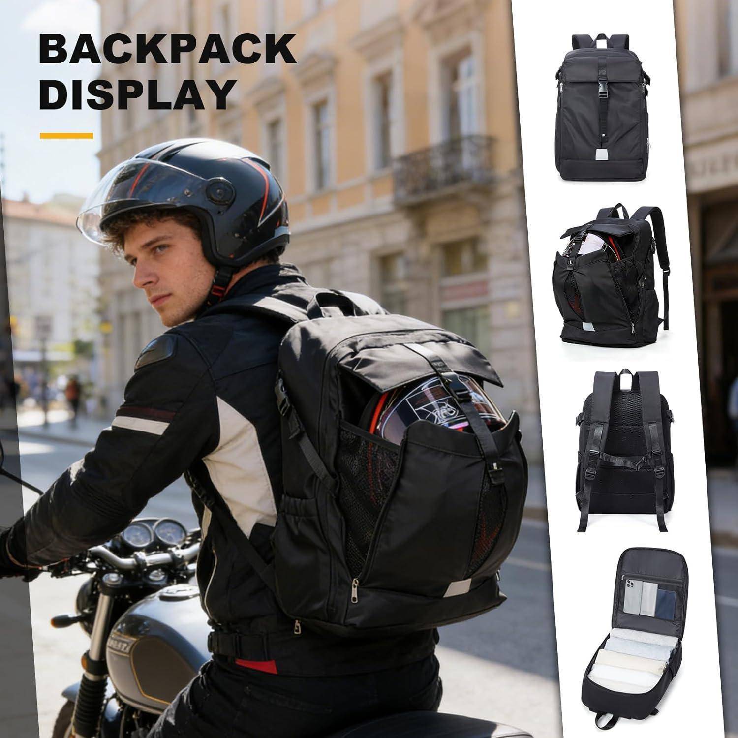 Mann mit Helm und schwarzem Rucksack auf einem Motorrad, mit Seitenansichten, die die Fächer des Rucksacks und das erweiterbare Design zeigen.