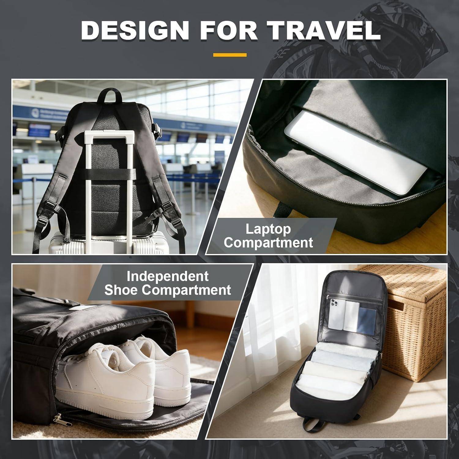 Reiserucksack mit Laptopfach, separatem Schuhfach und organisiertem Innenraum zum Packen von Kleidung und Accessoires.