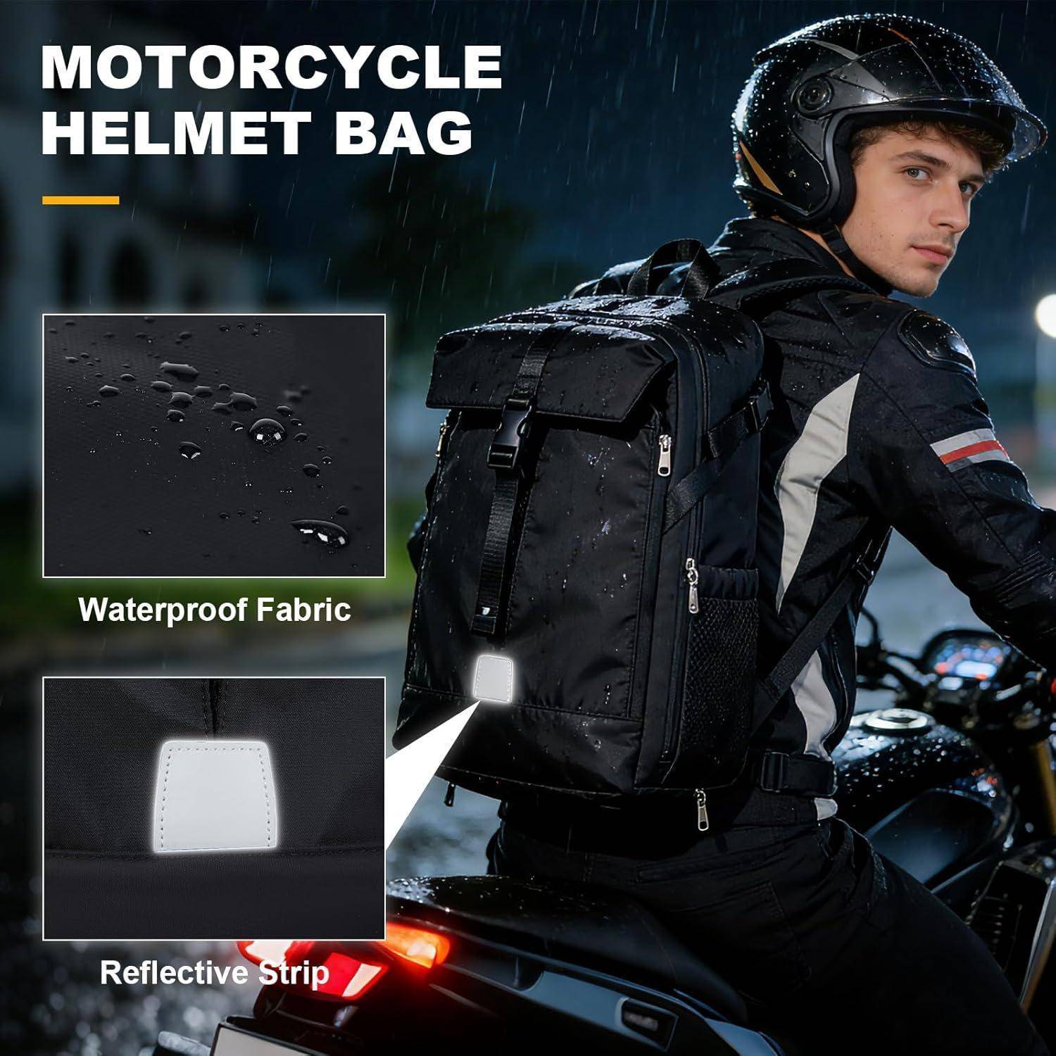 Werbebild einer Motorradhelm-Tasche an einem Fahrer, die wasserdichtes Material und einen reflektierenden Streifen hervorhebt.