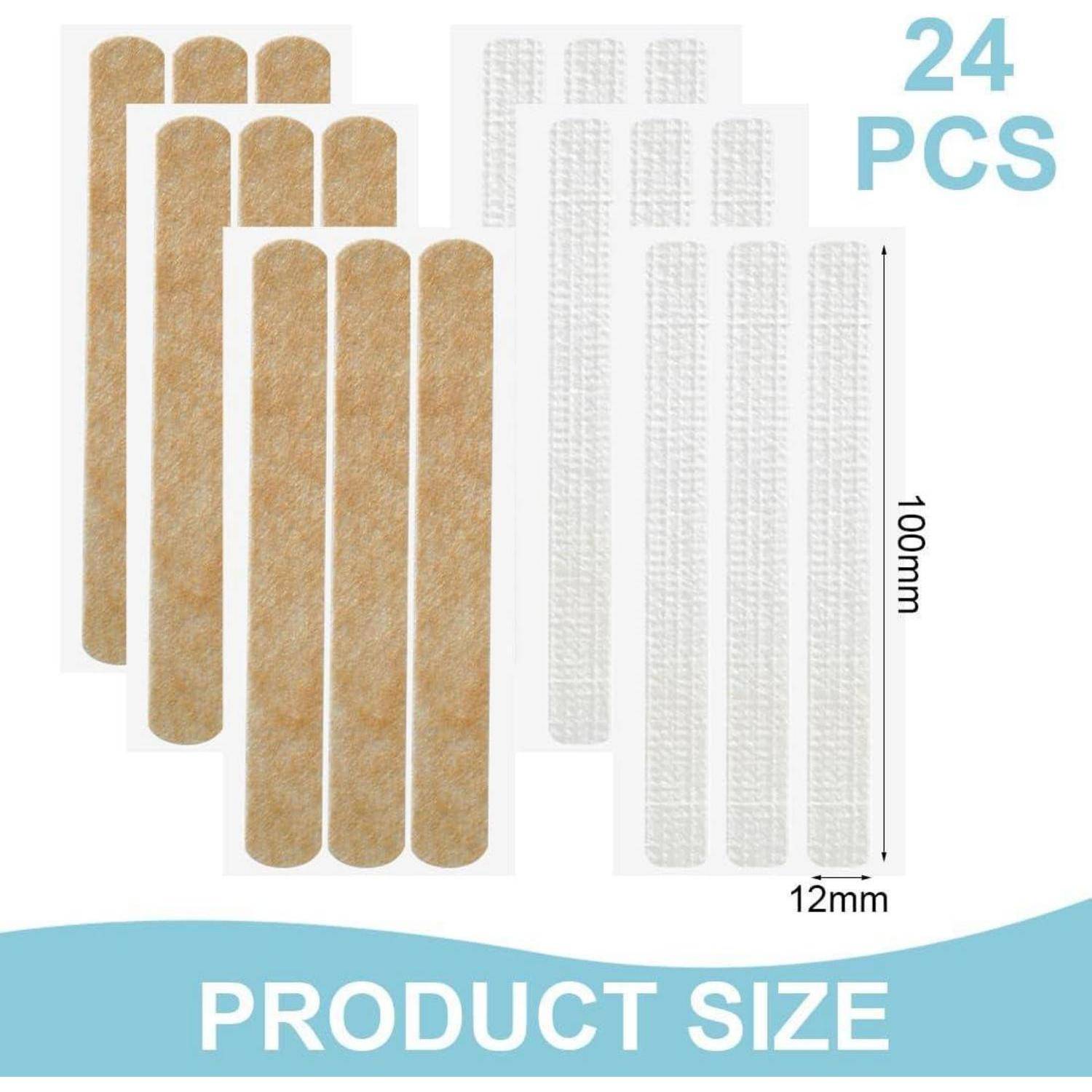 Größentabelle für Produkt mit 24 Klebstreifen: beige strukturierte Streifen und transparente Streifen, jeweils 100 mm lang und 12 mm breit.