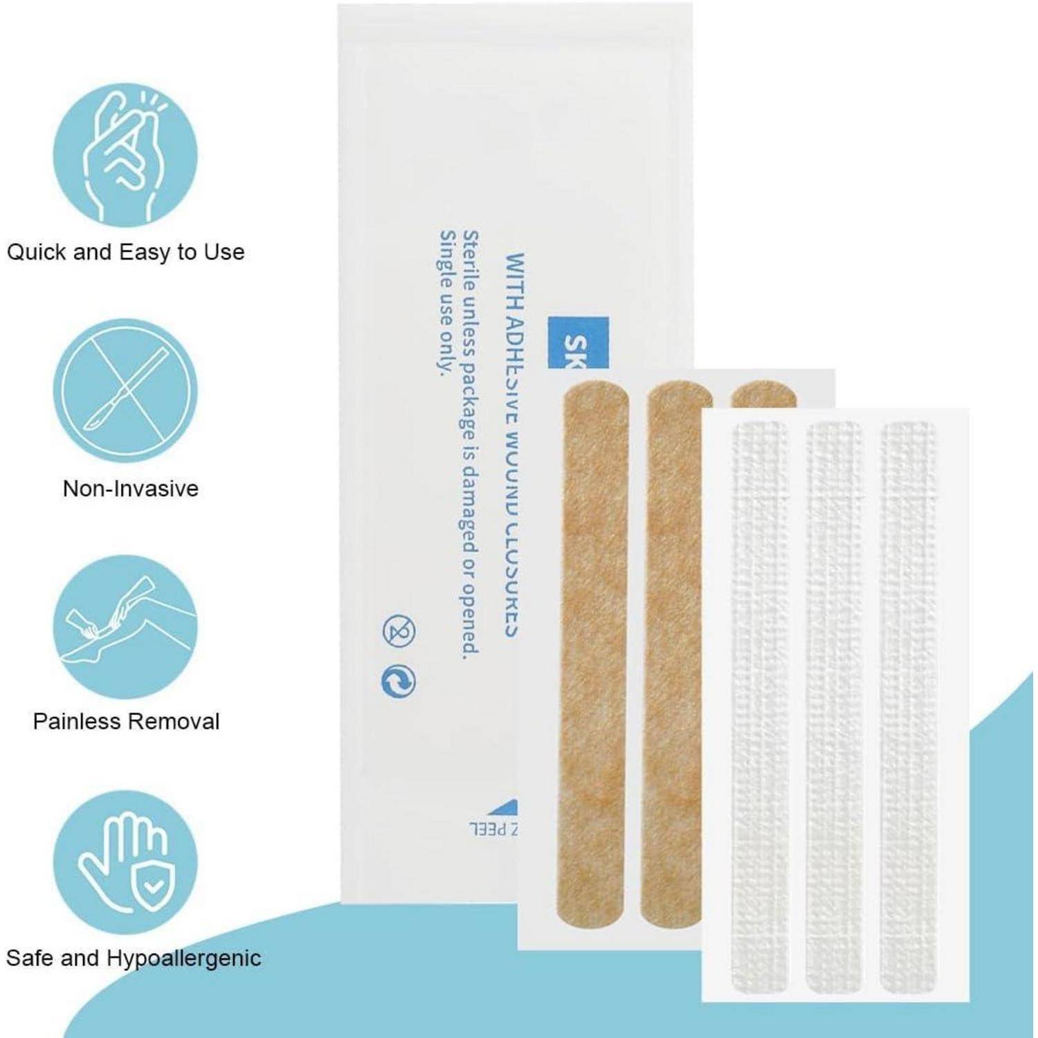 Produktpaket für 'SK' Klebewundverschlüsse mit vier Symbolen, die schnelle Anwendung, nicht-invasives Verfahren, schmerzloses Entfernen und sichere hypoallergene Beschaffenheit hervorheben.