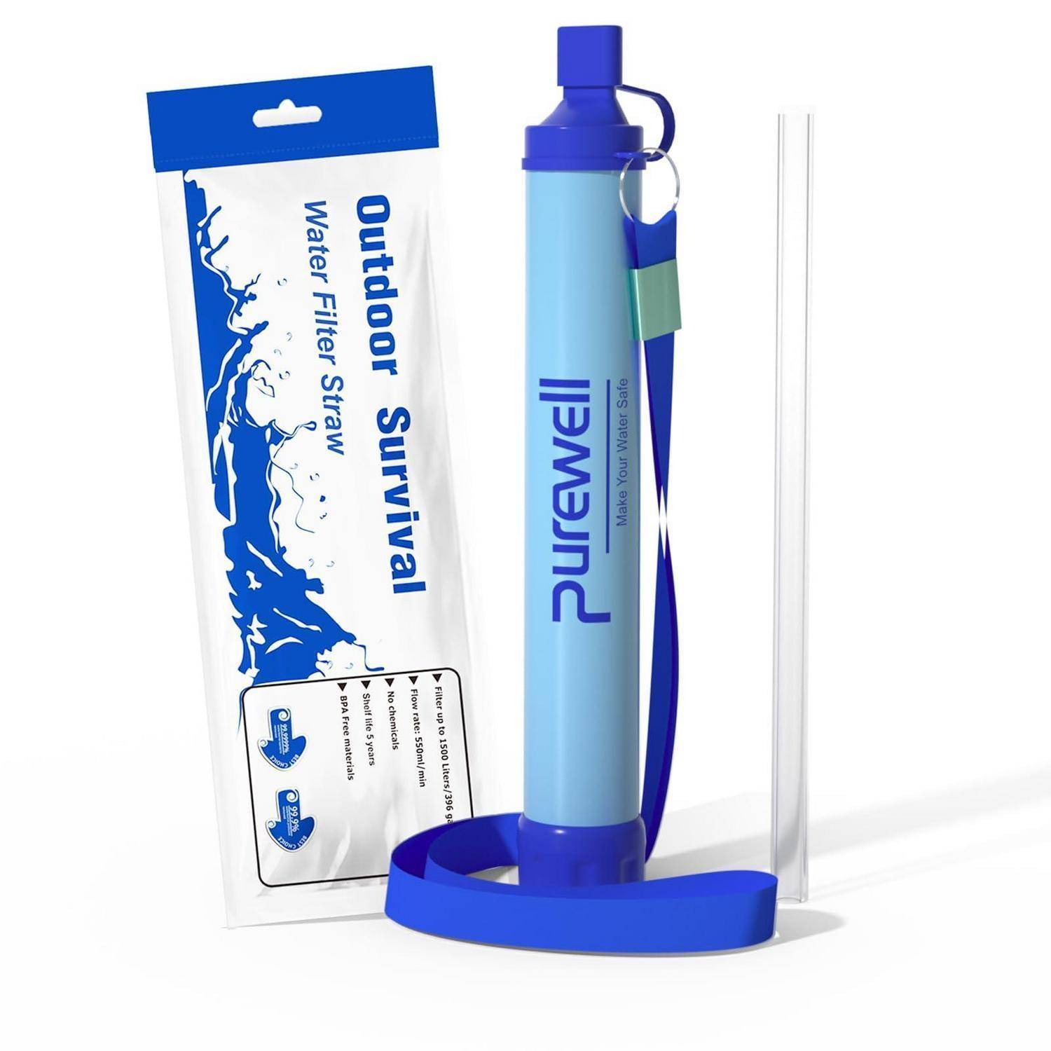 Tragbarer Überlebens-Wasserfilter-Strohhalm in Blau mit Trageriemen, abgebildet neben seiner weiß-blauen Verpackung auf neutralem Hintergrund.