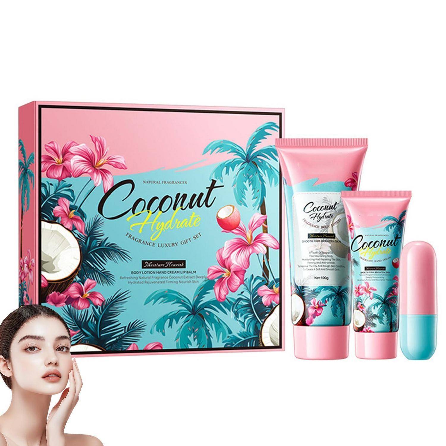 Kokosnuss-Hydrate-Duft Luxus-Geschenkset mit Körperlotion, Creme und Lippenbalsam, mit tropischer rosa Blumenprägen auf der Verpackung und einem Modellporträt.