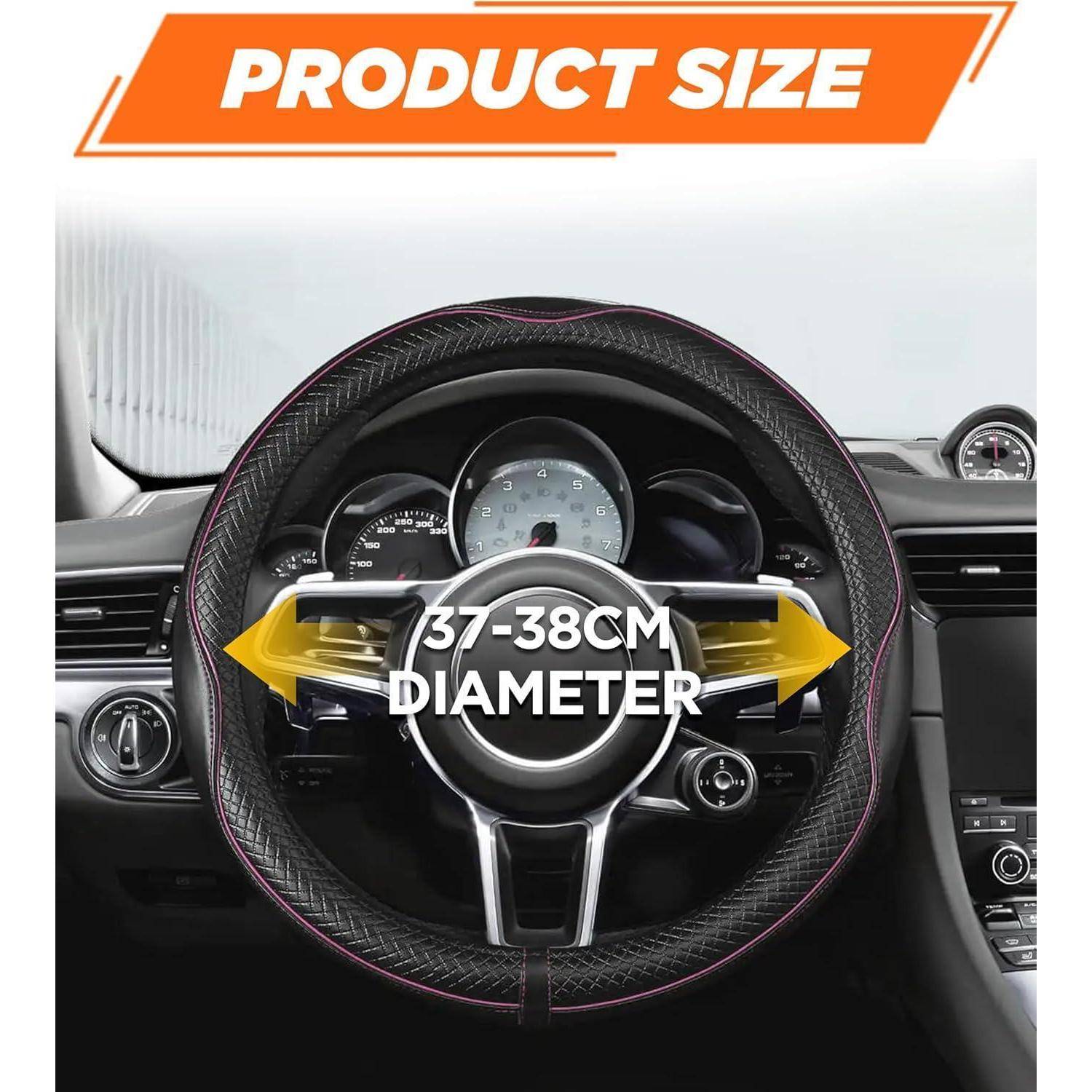 Produktgrößen-Grafik zeigt eine Lenkradabdeckung auf einem Autolenkrad, beschriftet mit „37–38 CM DURCHMESSER" mit Pfeilen, die die Passformgröße angeben.