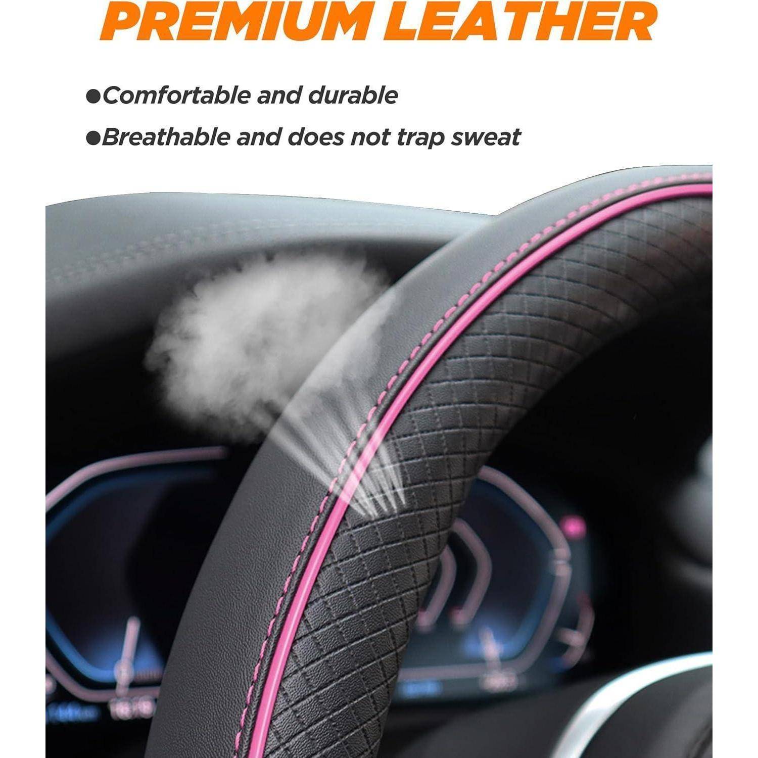 Werbebilder einer Autolenkradschutzhülle mit der Bezeichnung „PREMIUM LEATHER", die Komfort, Haltbarkeit und Atmungsaktivität hervorhebt, ohne dass sich Schweiß ansammelt.