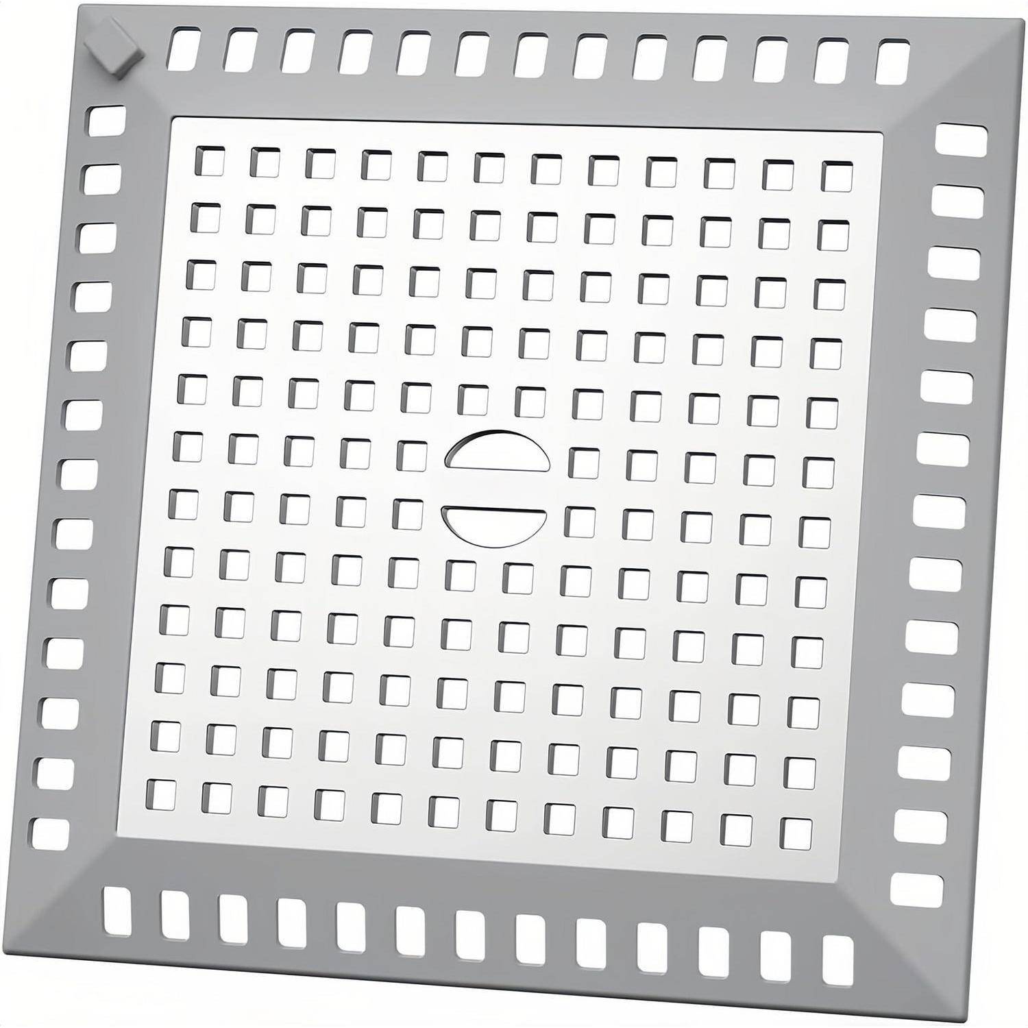 Quadratisches grau perforiertes Metalldeckenlüftungsgitter mit einer zentralen runden Drosselklappenöffnung und Befestigungslöchern um den Rahmen herum.