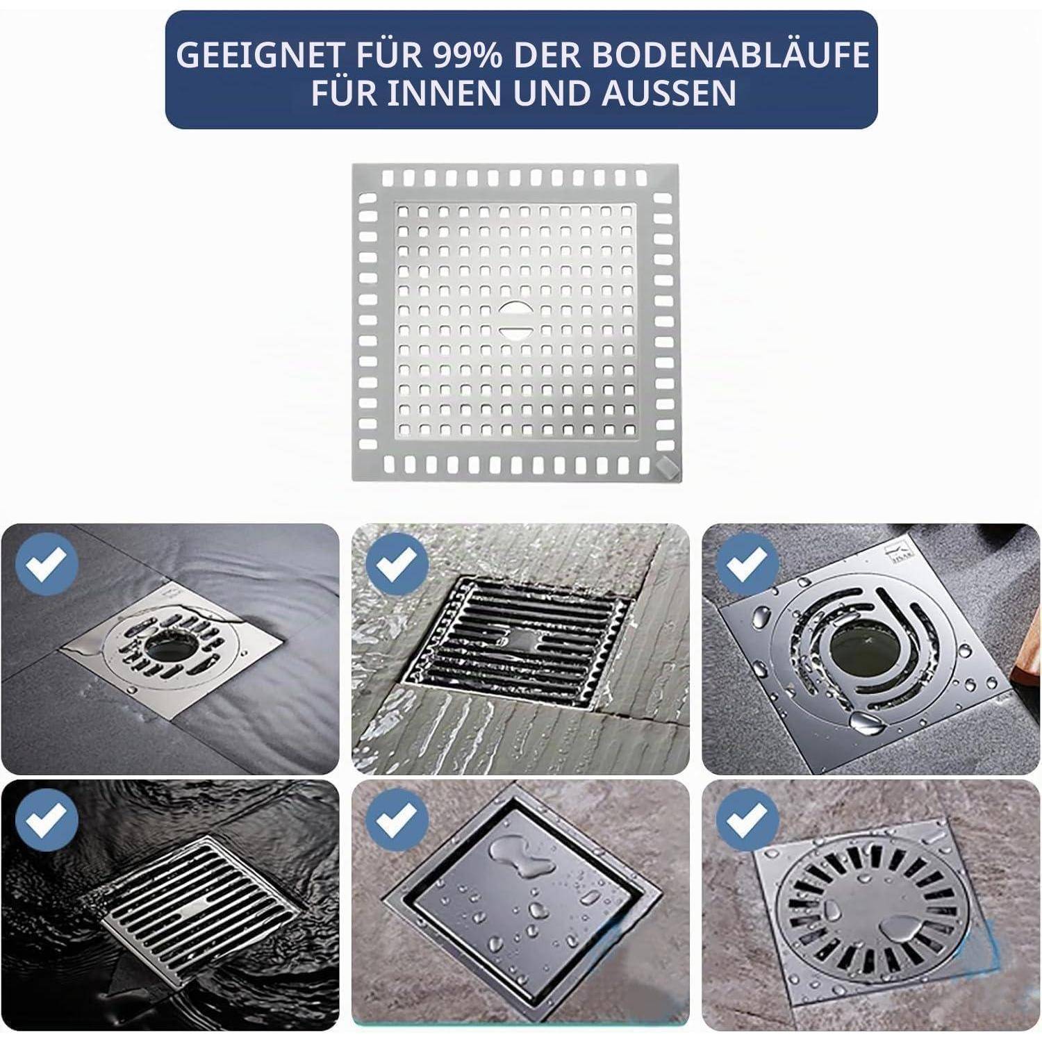 Quadratische Bodenablaufabdeckung, die für 99% der Innen- und Außenabläufe geeignet ist, mit sechs Beispielinstallationen und einem zentralen perforierten Metallgitter.