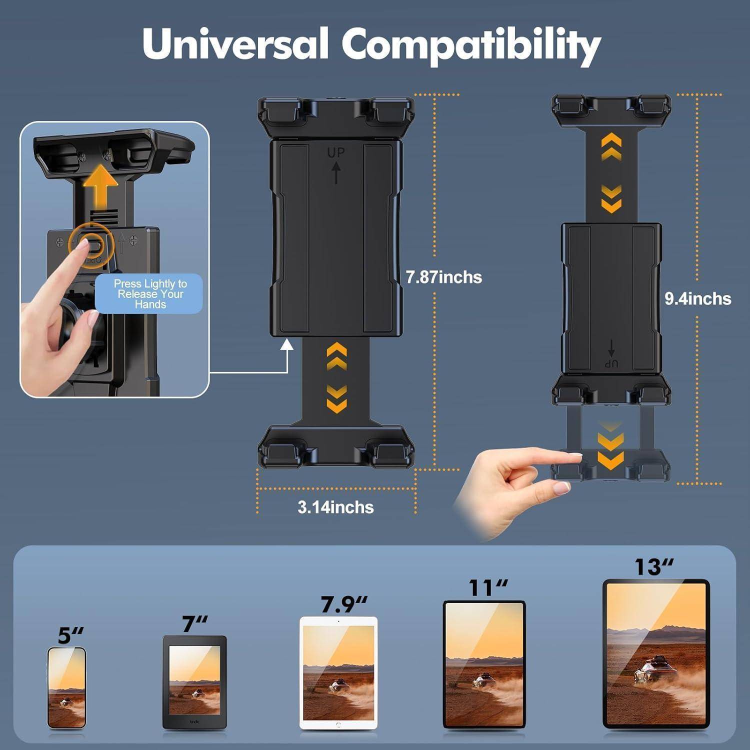Universelles Kompatibilitätsdiagramm mit einstellbaren Telefonhalter-Abmessungen für Modelle, die 5, 7, 7,9, 11 und 13 Zoll große Geräte passen.