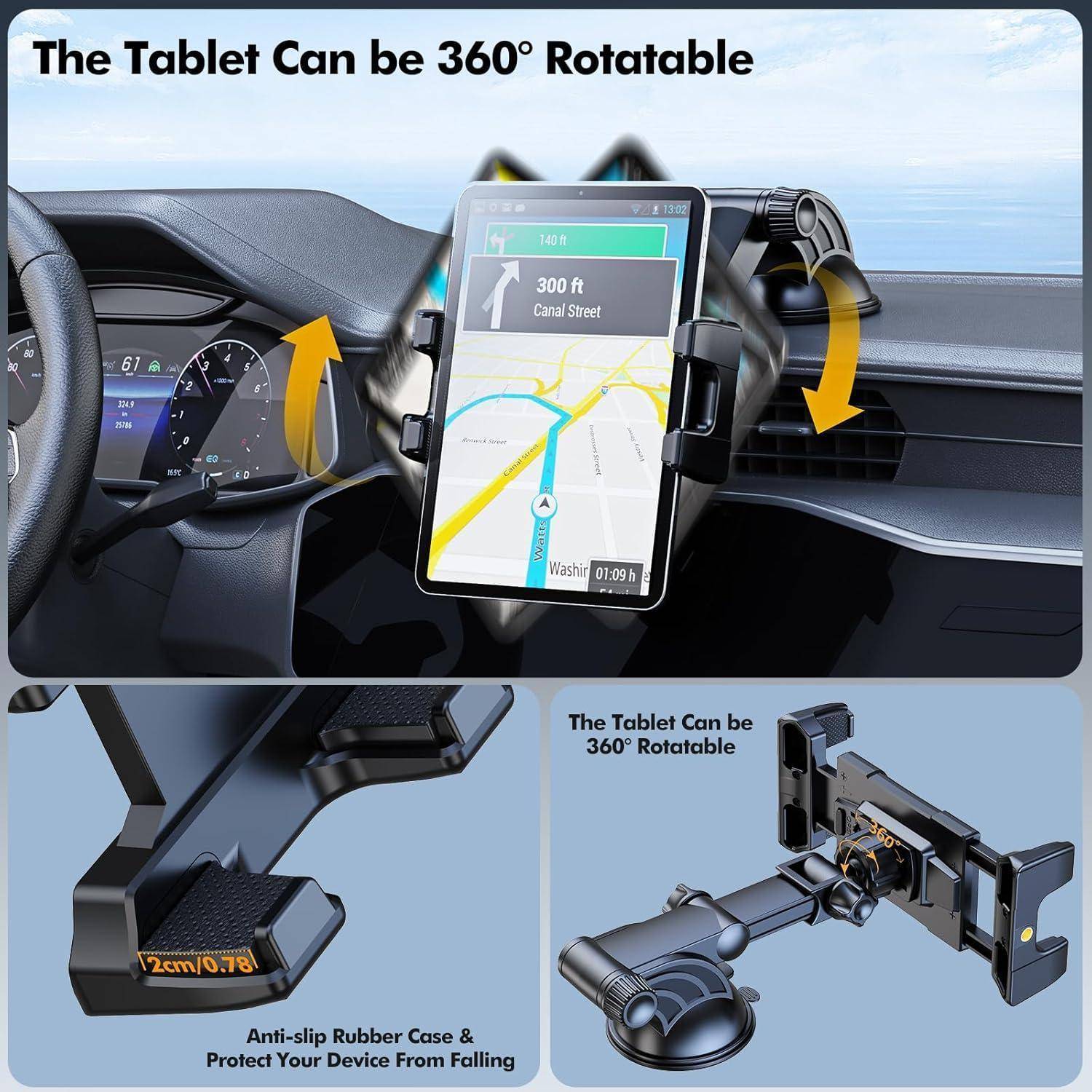 Werbegrafikum eines um 360° drehbaren Tablet-Autohälters mit rutschfesten Gummipolstern und Schutzhülle, montiert auf einem Autodashboard mit angezeigter Navigation.