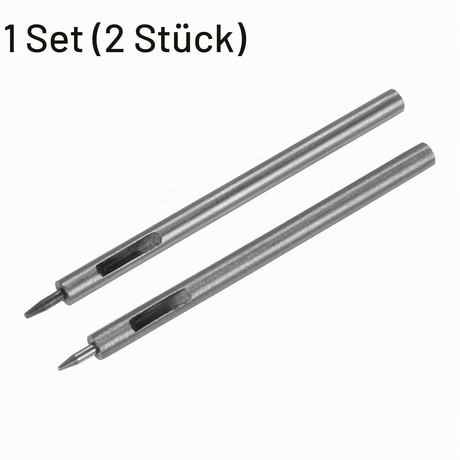 Produktabbildung zweier metallischer zylindrischer Werkzeuge mit der Bezeichnung „1 Set (2 Stück)", gezeigt mit spitzen Enden und Seitenschlitzen auf weißem Hintergrund.