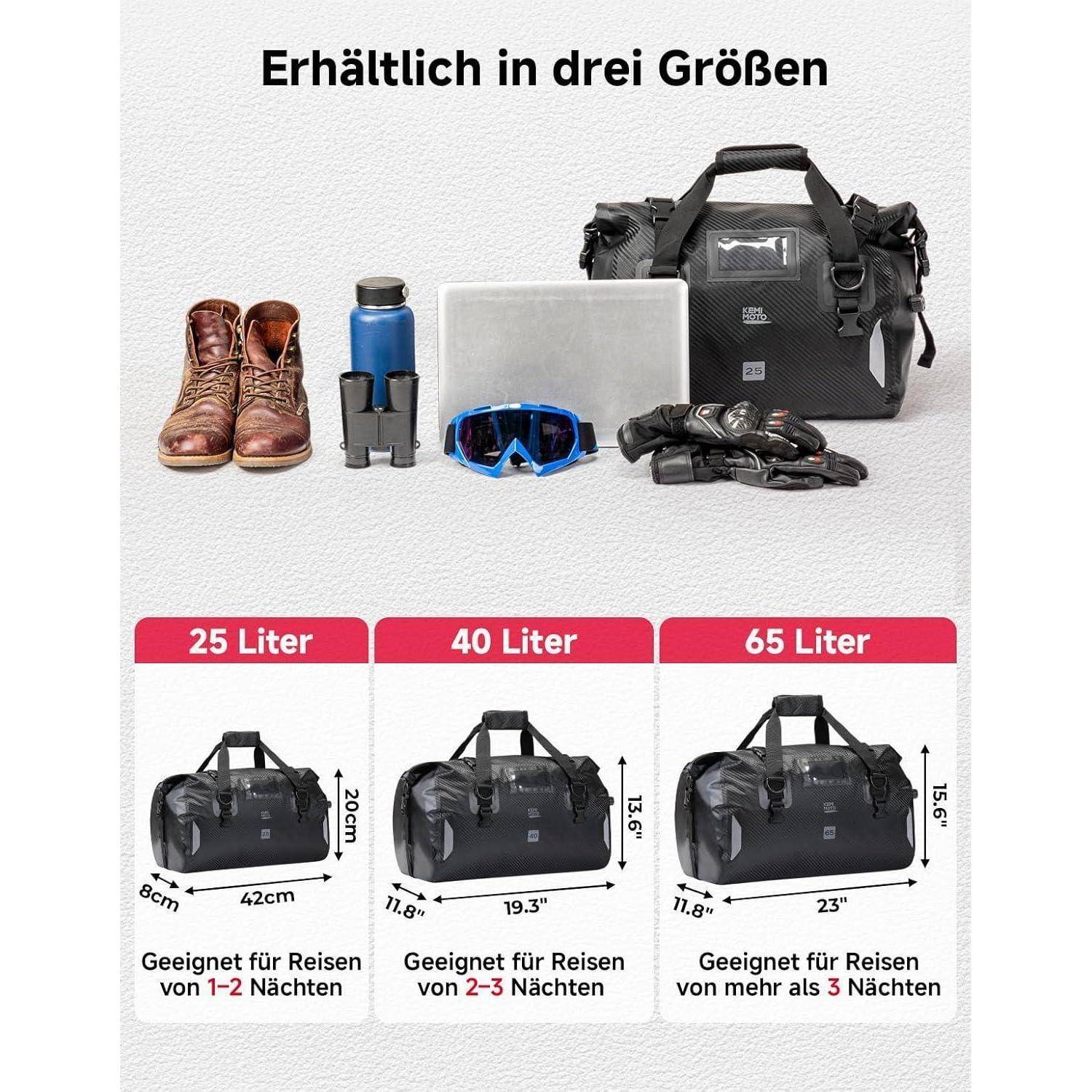KEMIMOTO Motorrad Hecktasche 25L, IPX6 wasserdichte Motorradtasche Gepäckrolle mit Schnellverschlussgurten, Große Kapazität &amp; Mehrere Fächer, Idea