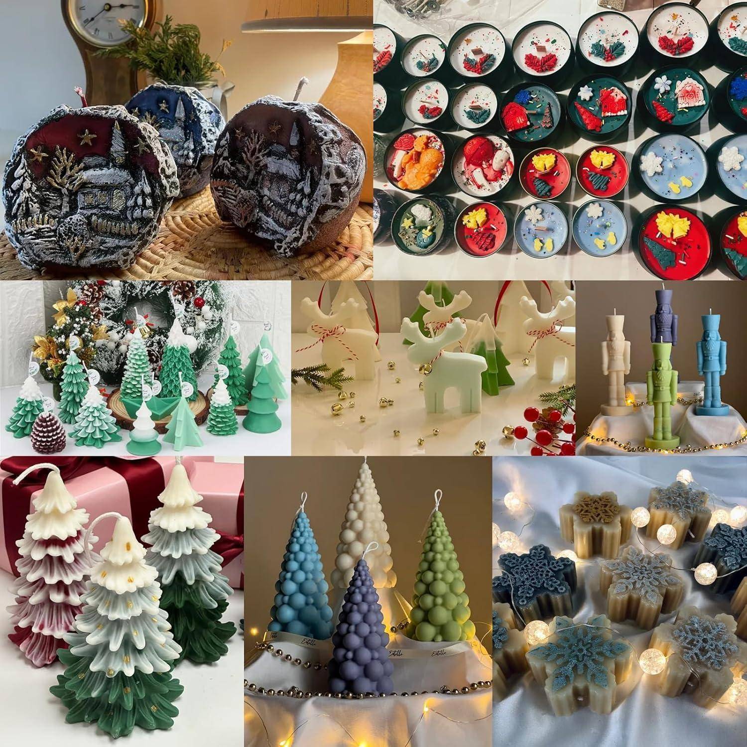 Collage aus dekorativen Weihnachtskerzen und Wachsverzierungen, einschließlich Schädelkerzen, farbenfroher runder Wachsscheiben und Weihnachtsbaum-, Rentier- und Schneeflockenkerzen.