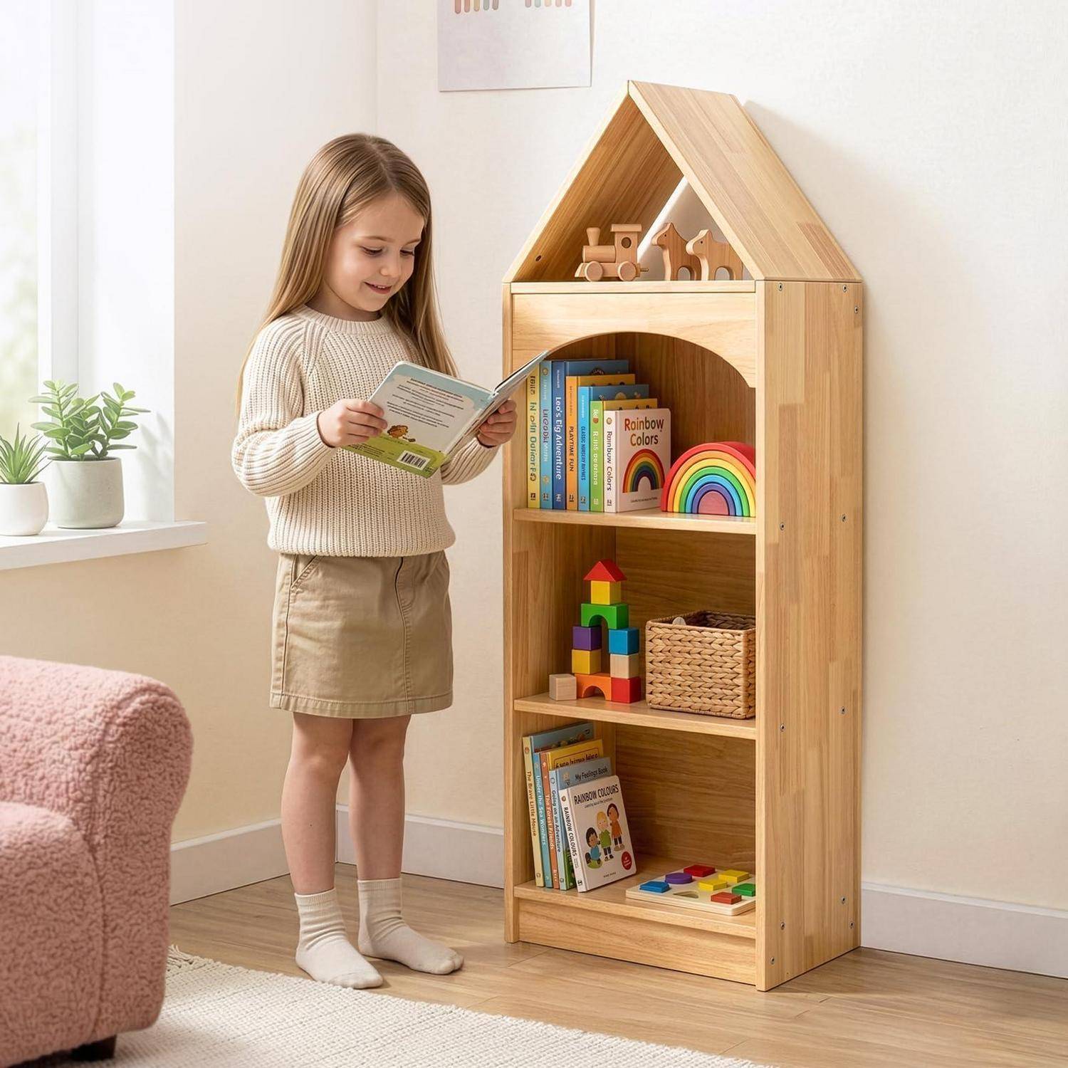 Ein junges Mädchen liest ein Buch neben einem hölzernen hausförmigen Bücherregal, das mit Kinderbüchern und Spielzeugen gefüllt ist, in einem hellen Zimmer.