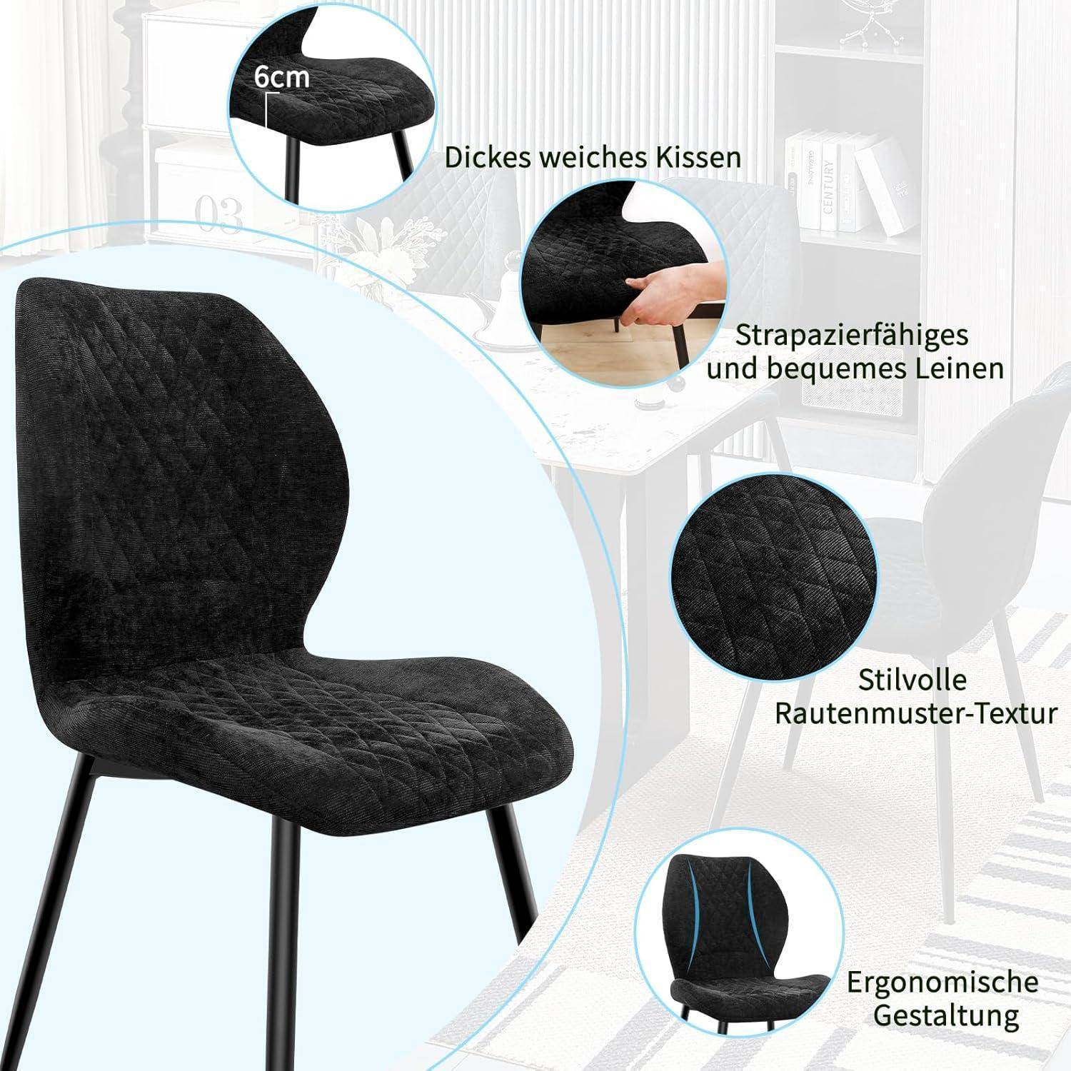 Schwarzer gepolsterter Stuhl mit gesteppter Textur und ergonomischer Form, dargestellt mit Hinweisen auf 6 cm dickes Kissen, strapazierfähiges Leinen und stilvolles Diamantmuster.