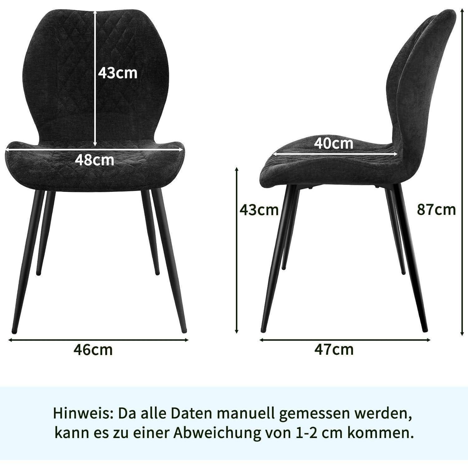 Schwarzer Polsterstuhl in Vorder- und Seitenansicht mit Abmessungen: Sitzfläche 48 cm breit, 40 cm tief, 87 cm hoch, mit dem Hinweis, dass die Abmessungen um 1-2 cm abweichen können.