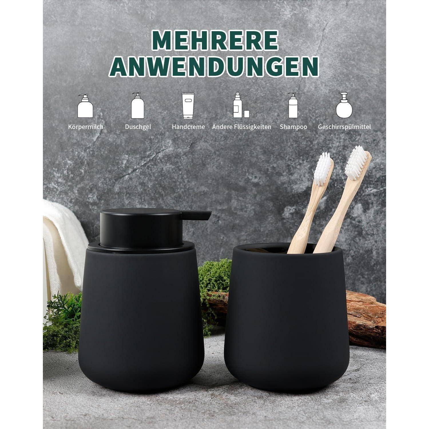 Seifenspender Keramik Schwarz Bosilunlife Spülmittelspender, Nachfüllbarer Flüssigseifenspender 350ml, Großer Pumpkopf für leichtes Pressen, Geei