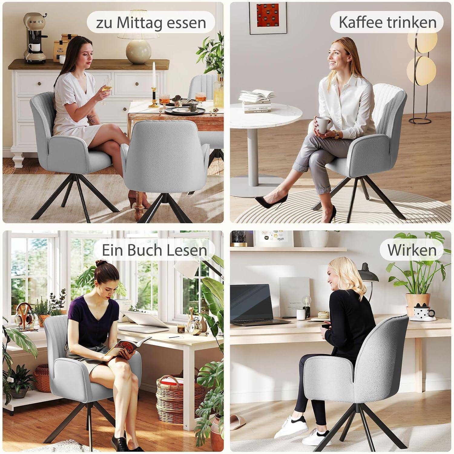 Collage von vier Frauen, die einen grau gepolsterten Stuhl in verschiedenen Settings nutzen: Mittagessen essen, Kaffee trinken, ein Buch lesen und an einem Schreibtisch arbeiten.