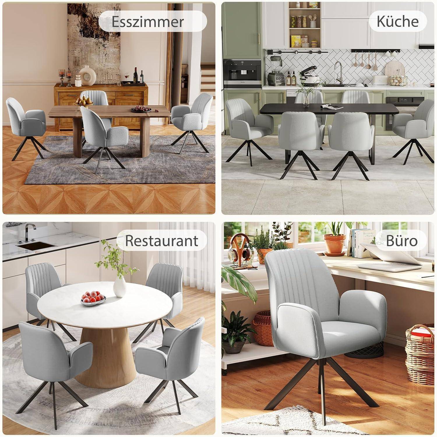 Collage aus vier Innenraumszenen, die einen grauen gepolsterten Stuhl mit schwarzen Beinen in einem Esszimmer, einer Küche, einem Restaurant und einem Büro zeigen.